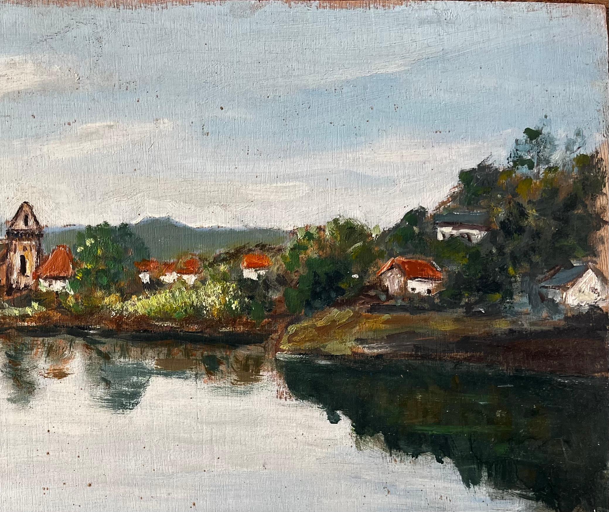 French River Village Scene with Red Roofs Trees and Reflections by F Le Lay - Gray Landscape Painting by F. Le Lay