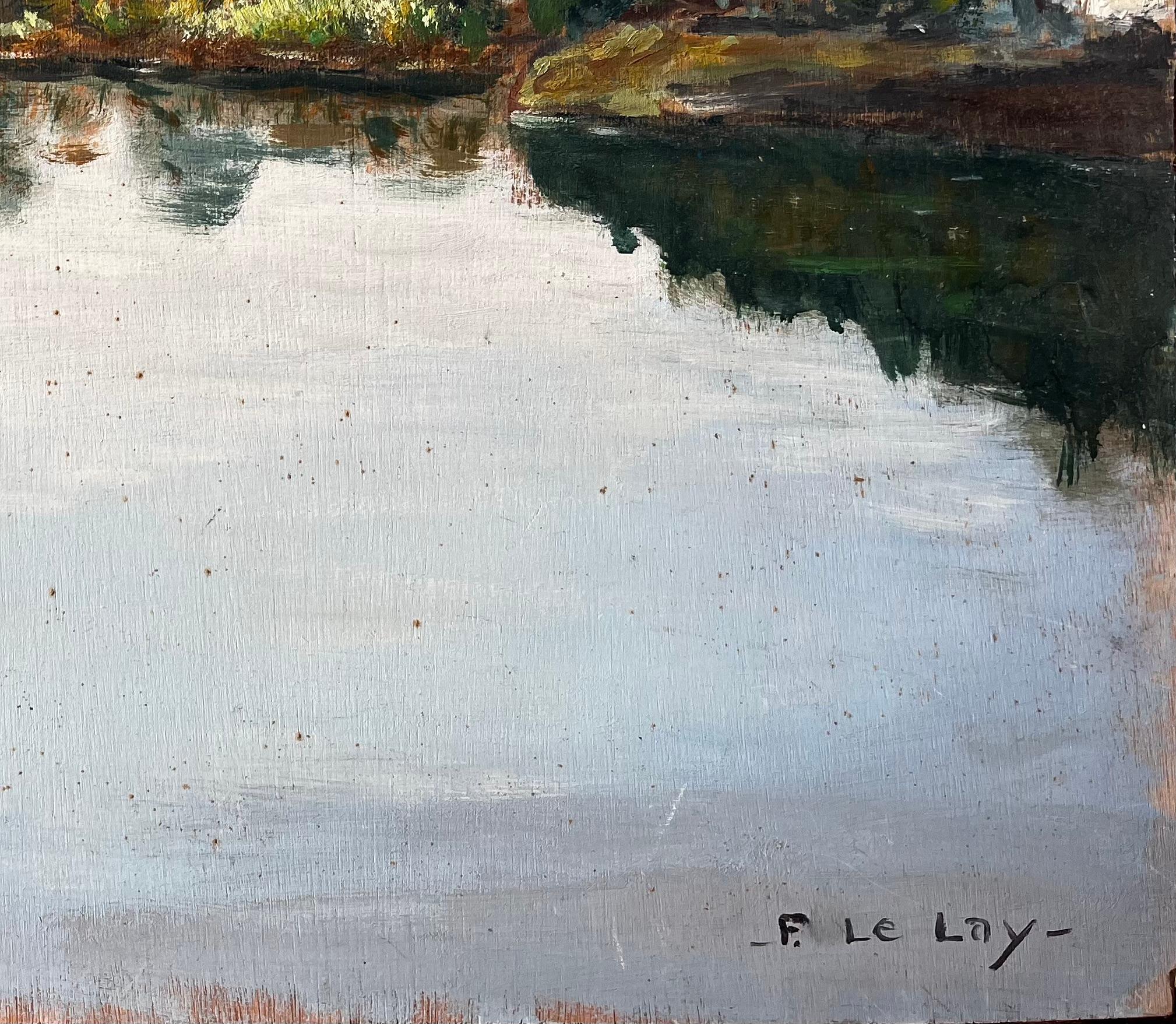 Title: French Coastal Harbour Scene with Sailboats and Reflections Mid Century Painting
by F. Le Lay
Signed: Bottom right corner
Size: 13.25 x 18 inches (height x width)
Oil painting on board, unframed
Condition: Good overall condition. Minor