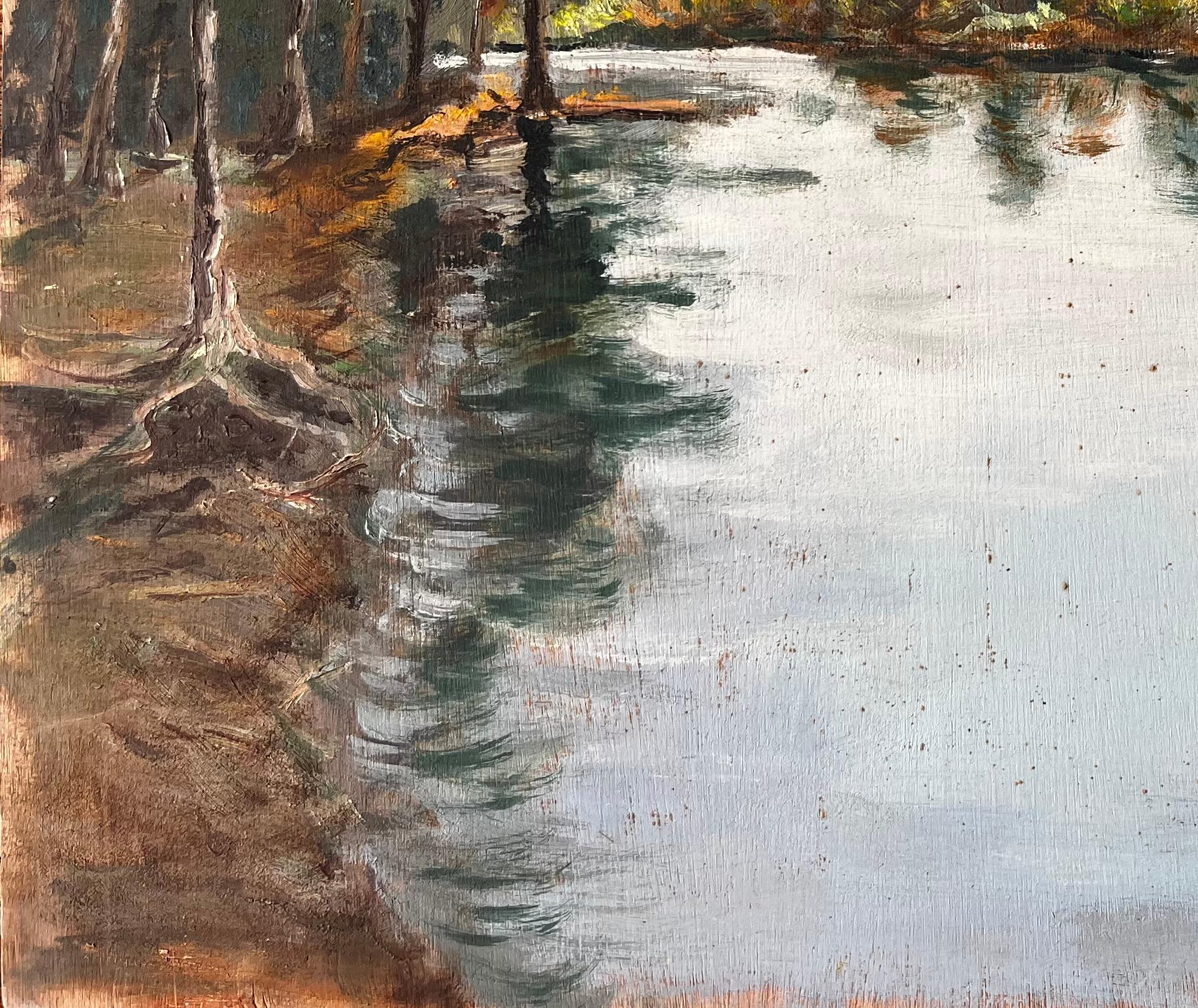 French River Village Scene with Red Roofs Trees and Reflections by F Le Lay For Sale 1