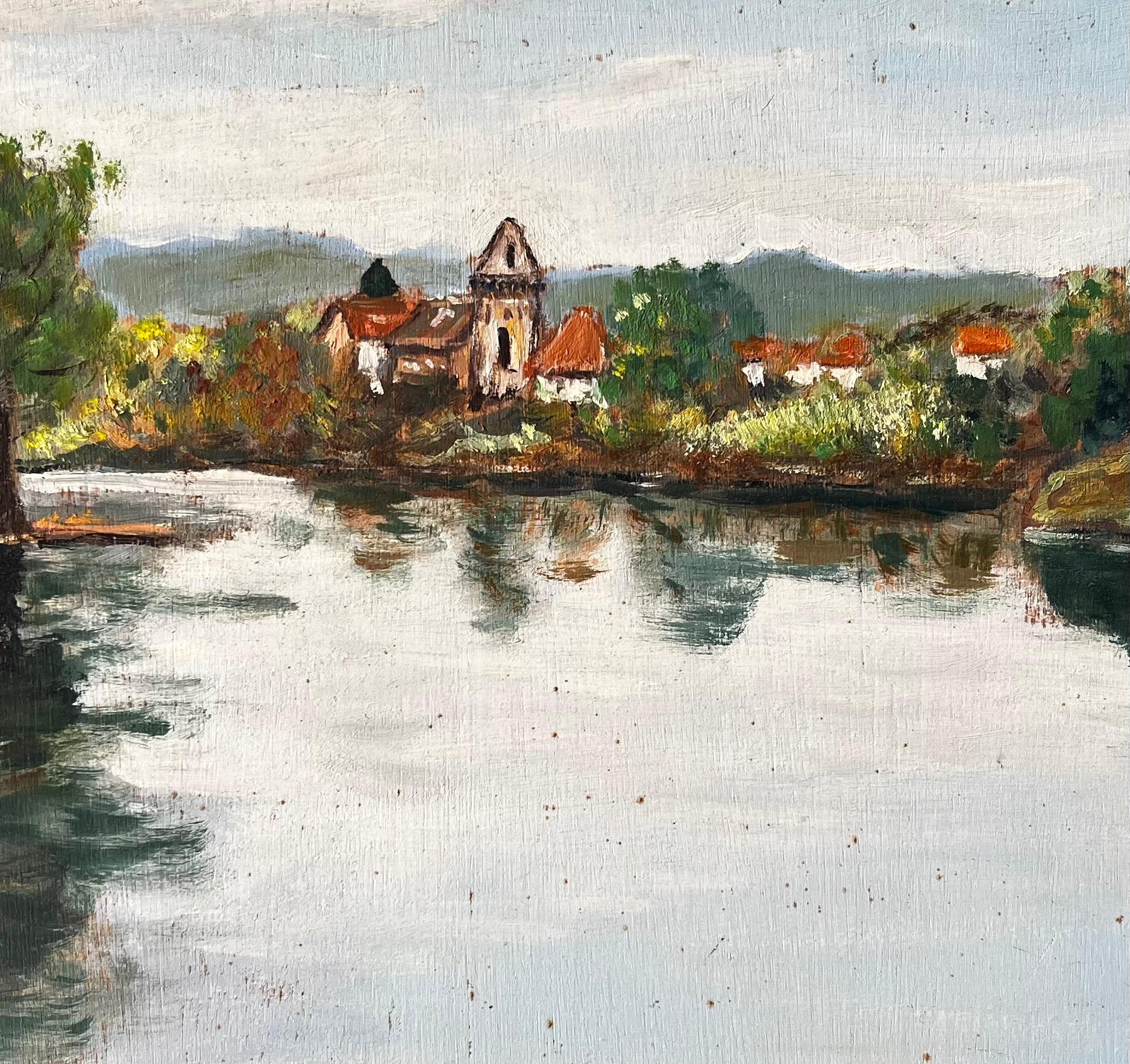 French River Village Scene with Red Roofs Trees and Reflections by F Le Lay For Sale 2