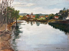 French River Village Scene with Red Roofs Trees and Reflections by F Le Lay