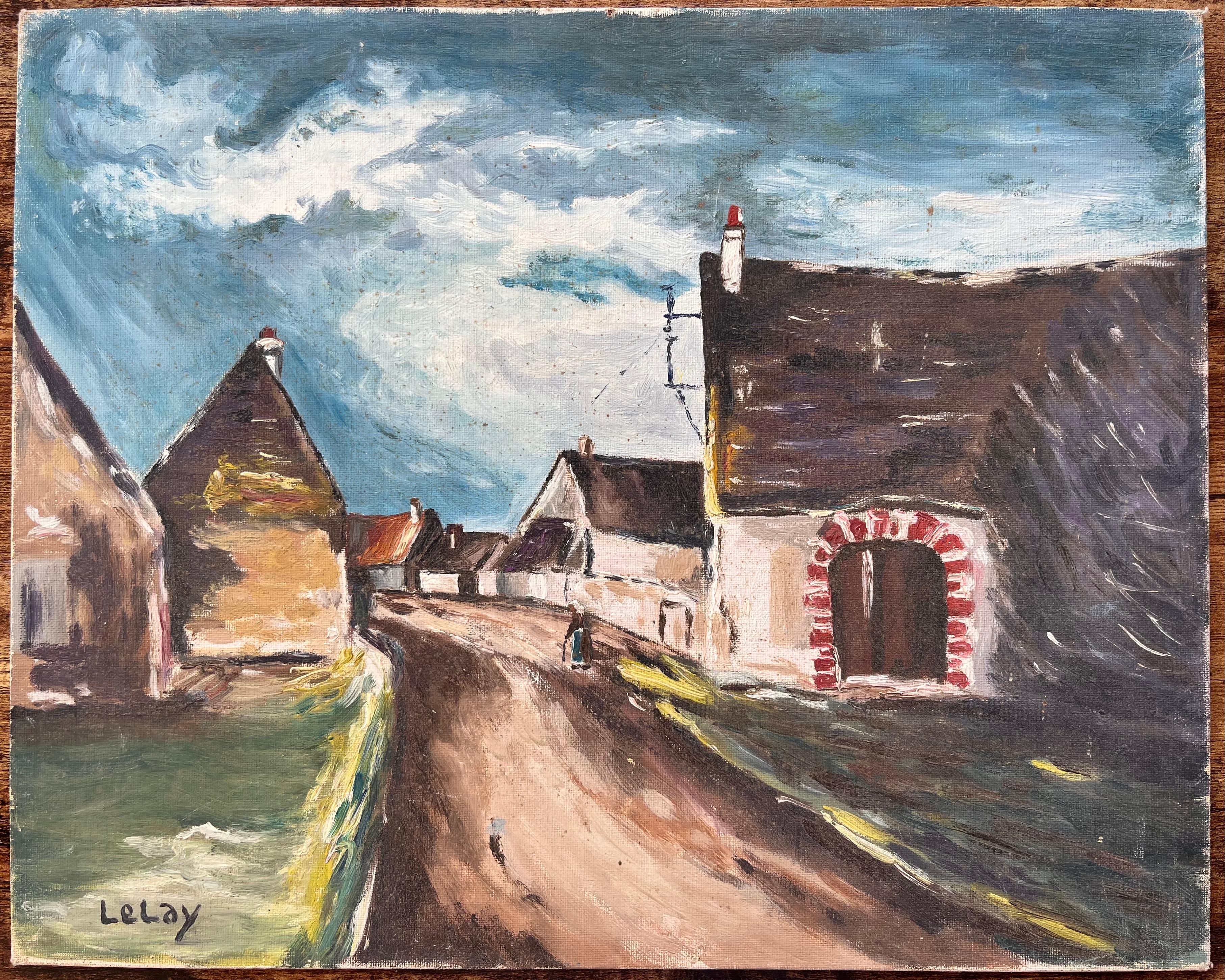 Street française avec maisons en pierre et porte arquée - Painting de F. Le Lay