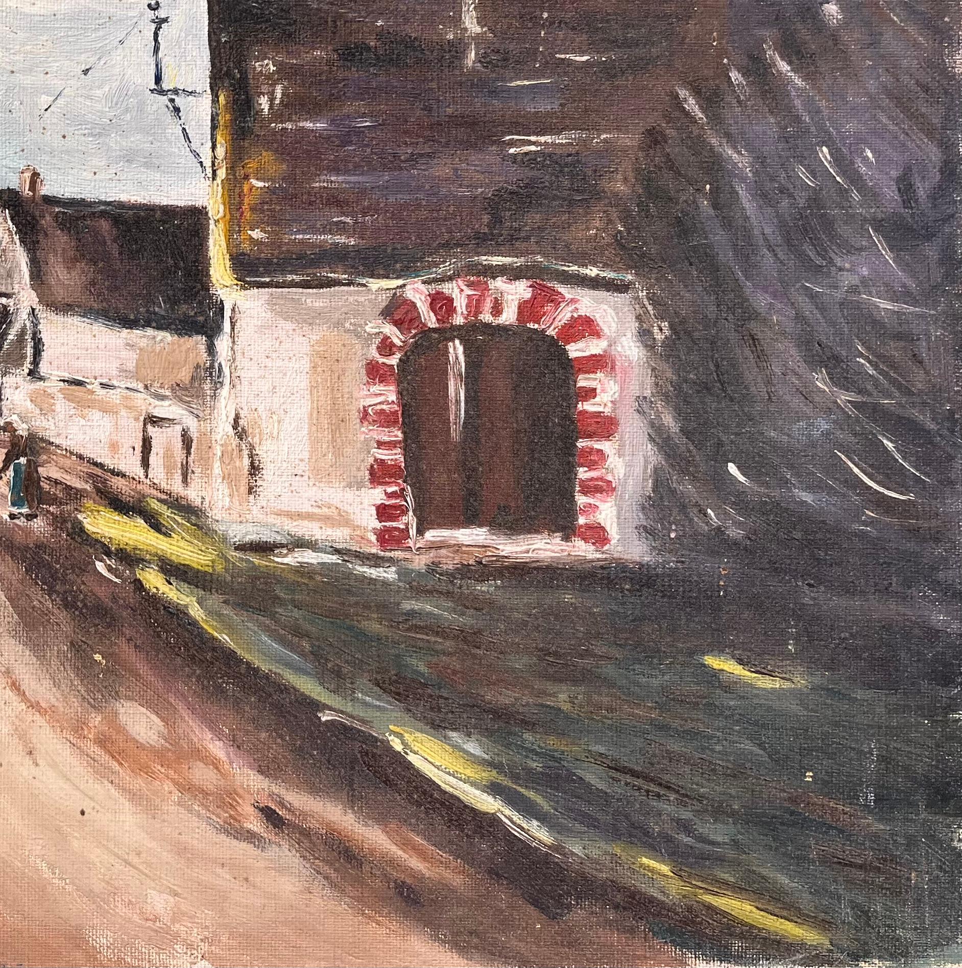 Street française avec maisons en pierre et porte arquée - Impressionnisme Painting par F. Le Lay
