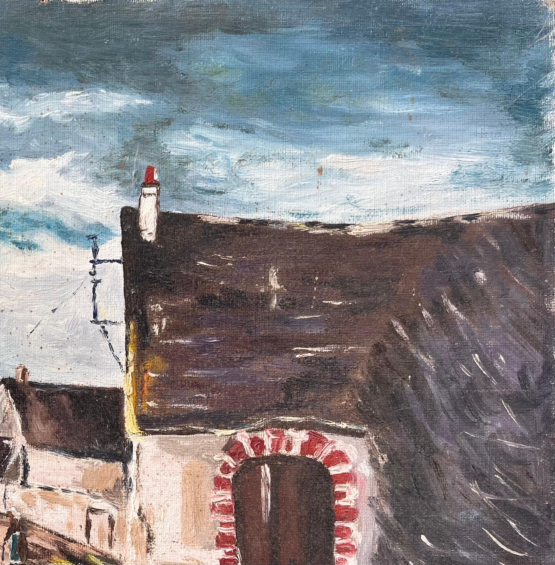 Street française avec maisons en pierre et porte arquée - Gris Abstract Painting par F. Le Lay