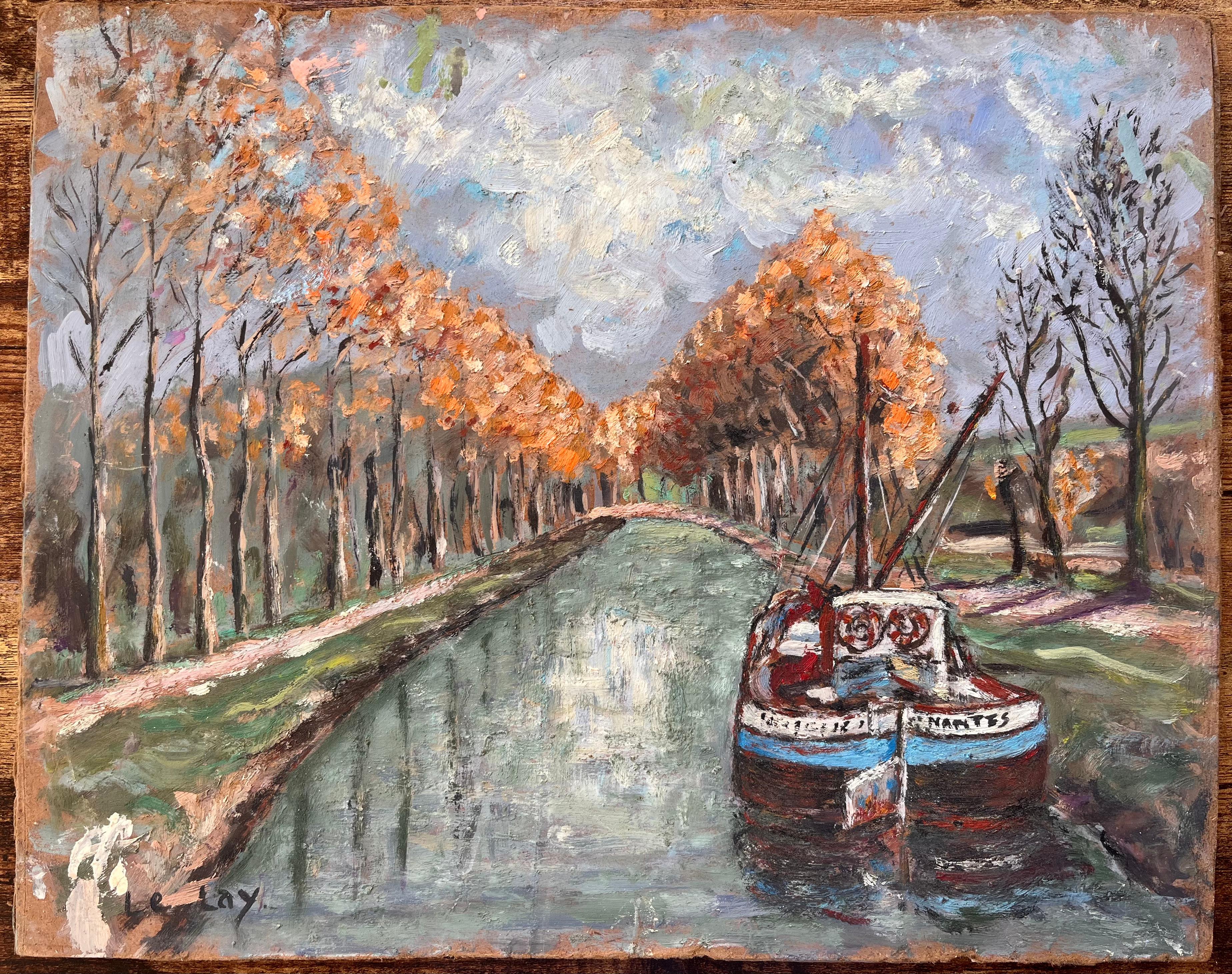 Impressionist Autumn Canal Scene with Moored Boat and Tree Lined Path - Painting by F. Le Lay