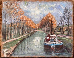 Impressionist Autumn Canal Scene with Moored Boat and Tree Lined Path