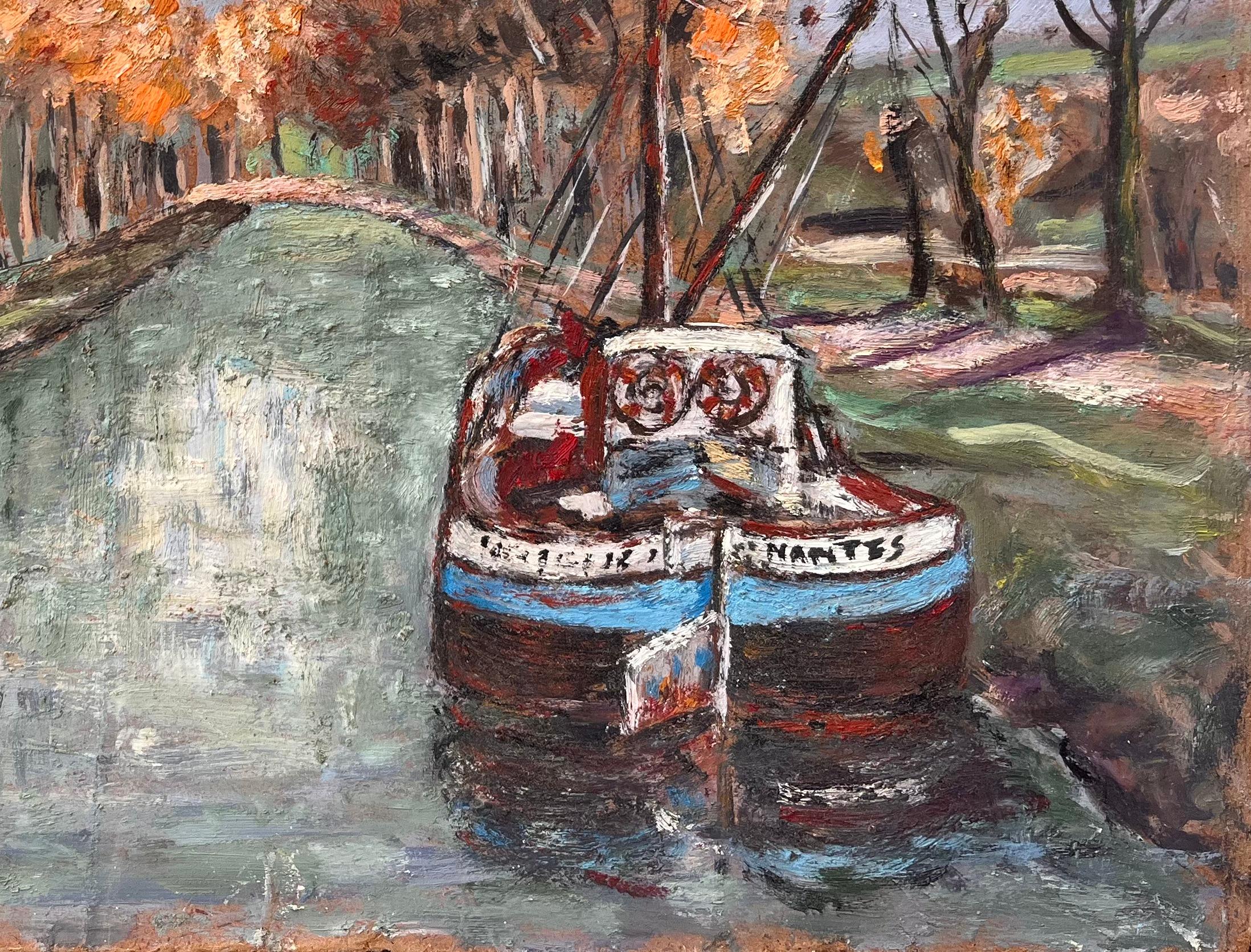 Impressionist Autumn Canal Scene with Moored Boat and Tree Lined Path - Gray Abstract Painting by F. Le Lay