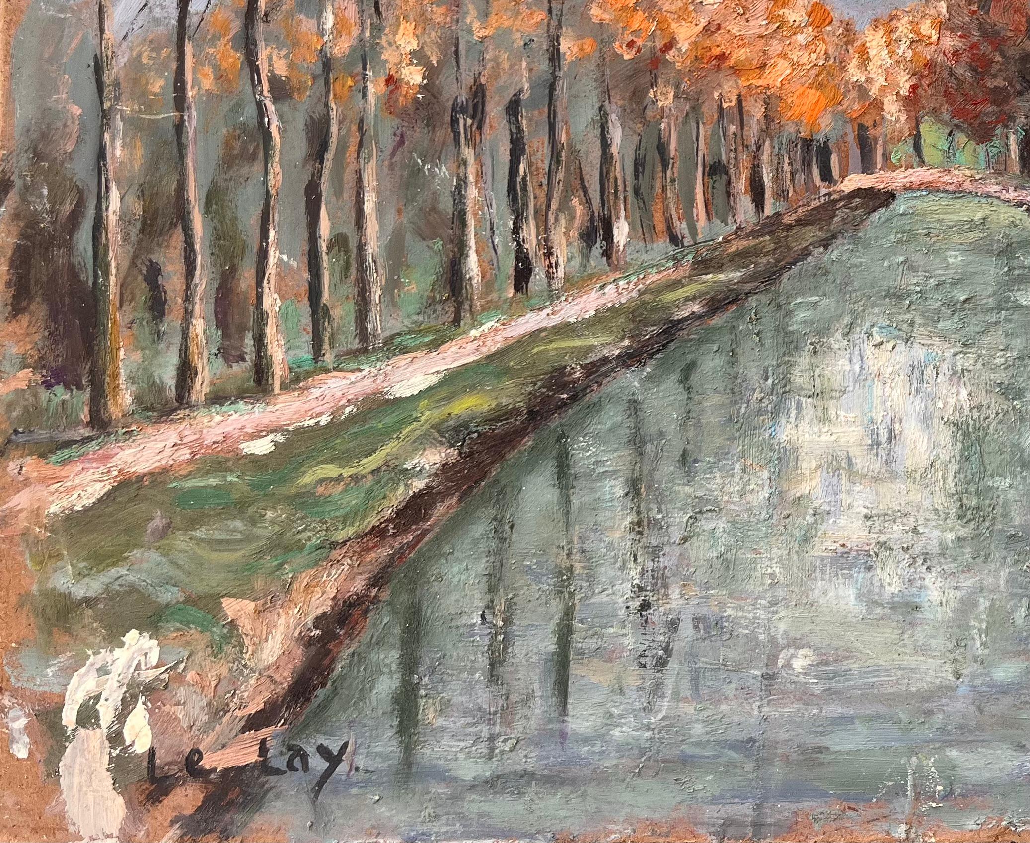 Impressionist Autumn Canal Scene with Moored Boat and Tree Lined Path For Sale 1