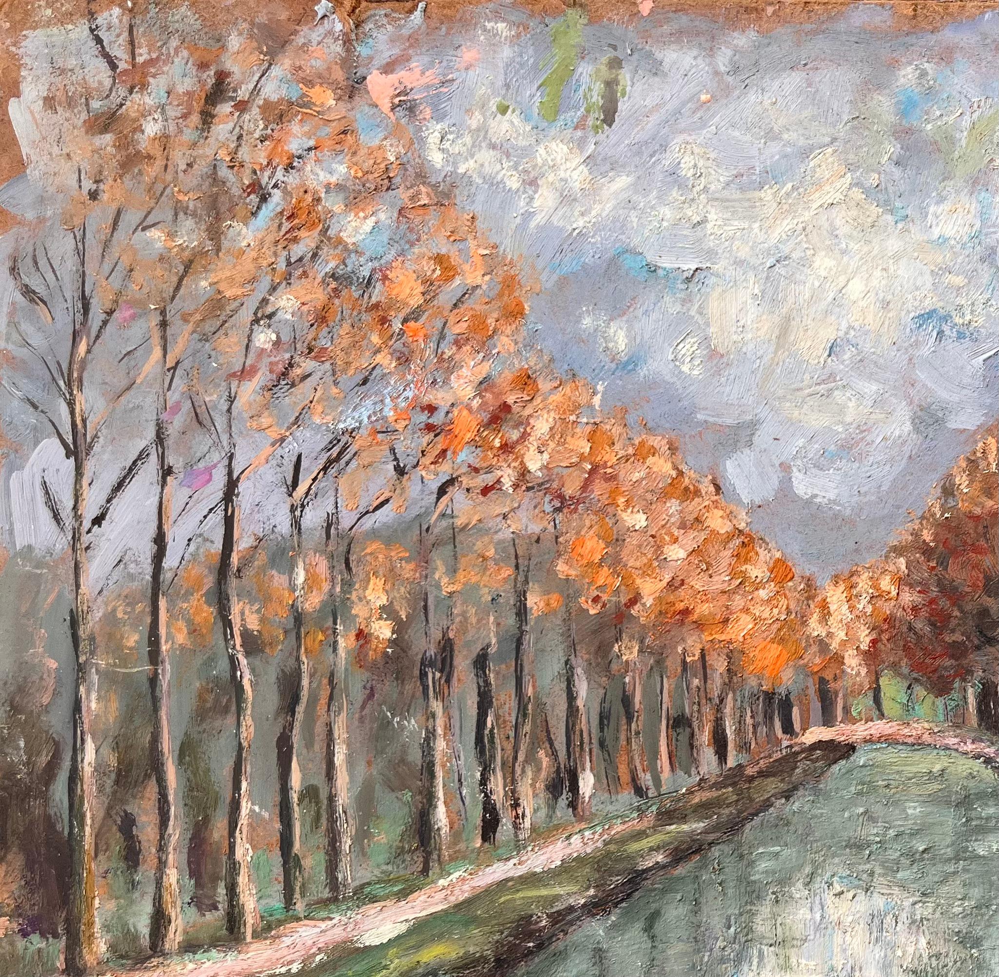Impressionist Autumn Canal Scene with Moored Boat and Tree Lined Path For Sale 2