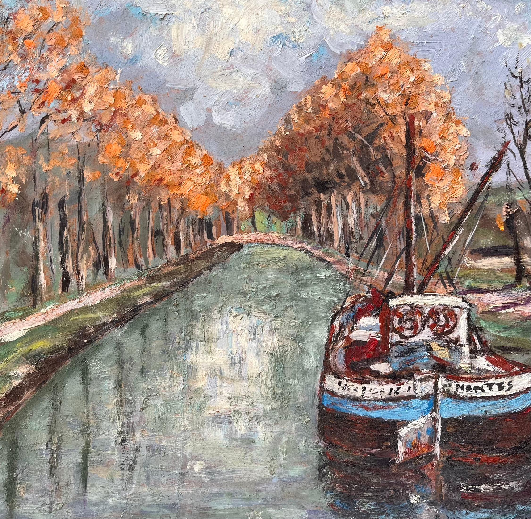 Impressionist Autumn Canal Scene with Moored Boat and Tree Lined Path For Sale 3