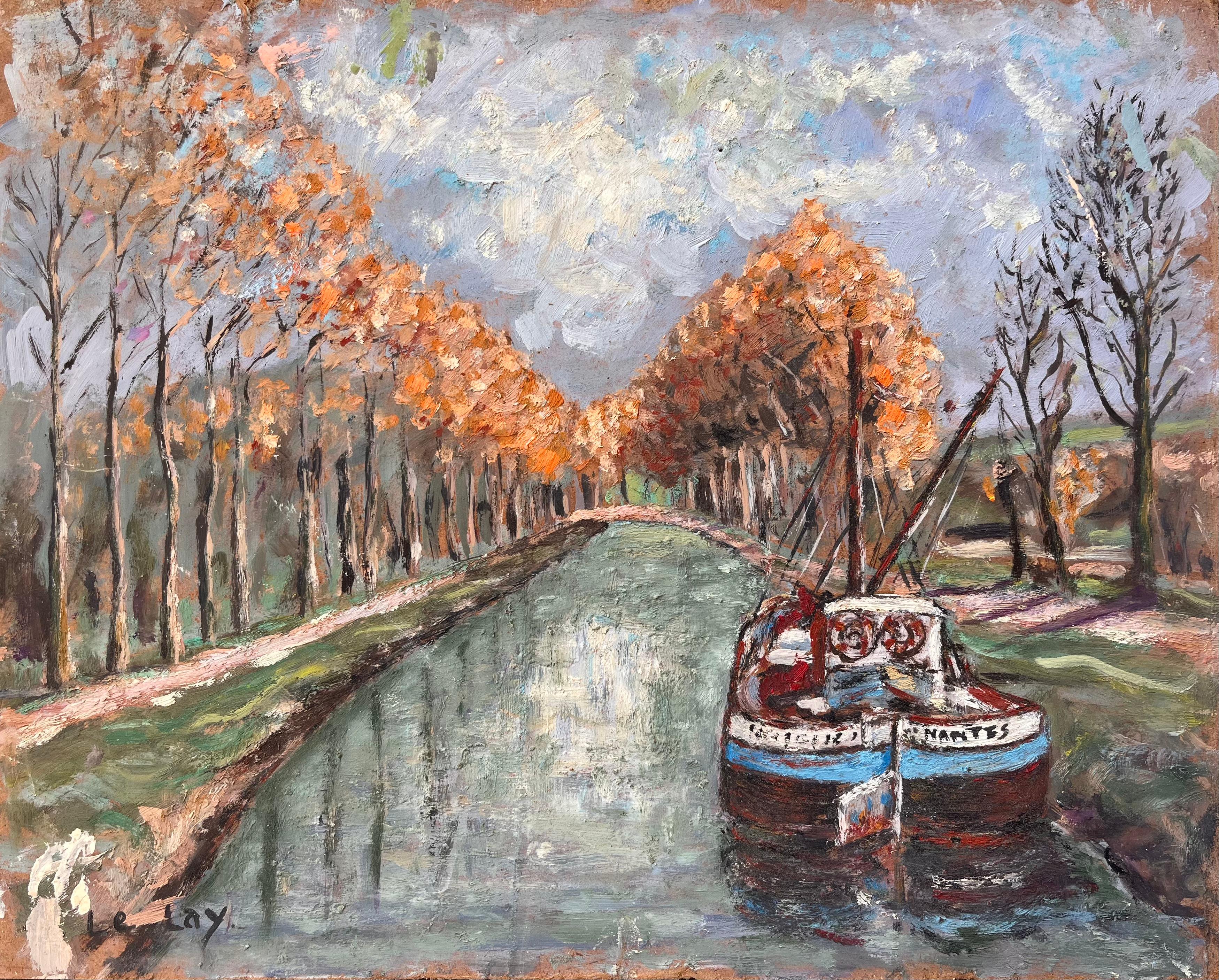 Impressionist Autumn Canal Scene with Moored Boat and Tree Lined Path