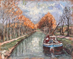Impressionist Autumn Canal Scene with Moored Boat and Tree Lined Path