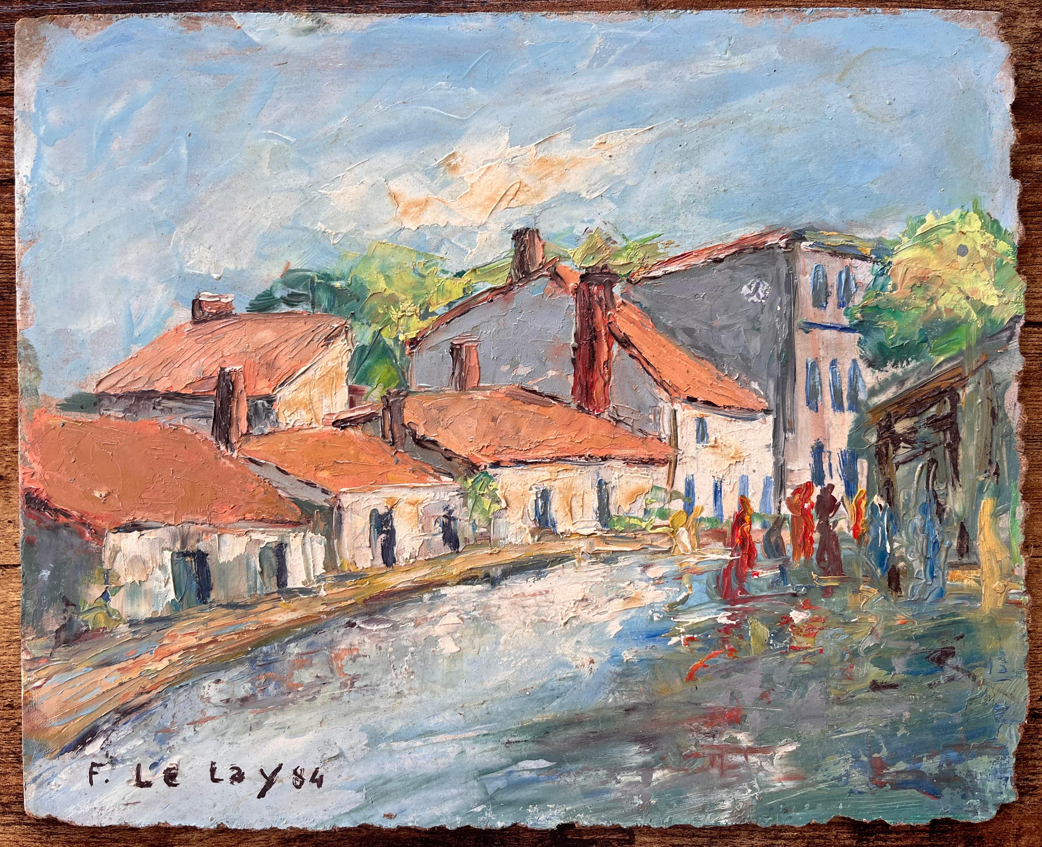 Impressionist French Village Market Scene with Red Roofs and Figures - Painting by F. Le Lay