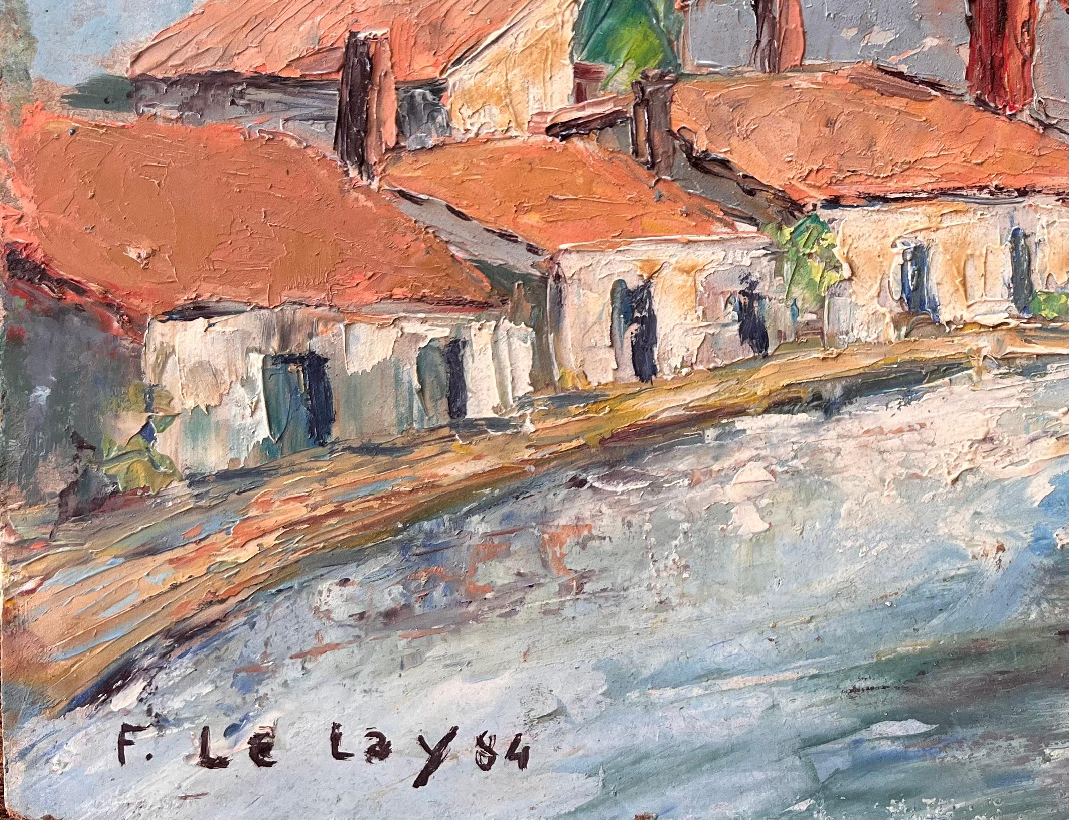 Impressionist French Village Market Scene with Red Roofs and Figures - Gray Landscape Painting by F. Le Lay