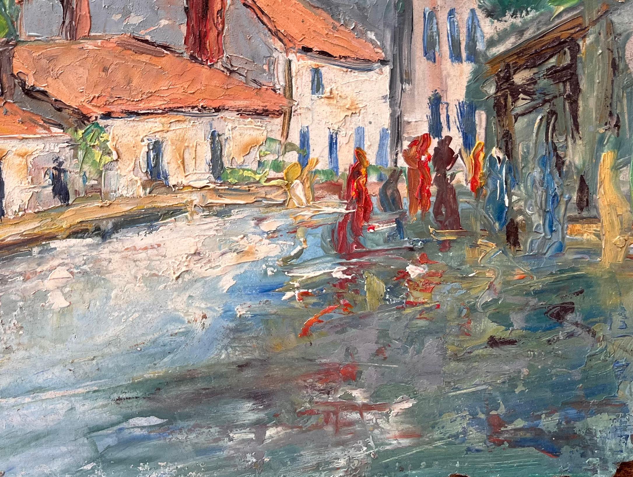 Title: Impressionist French Village Market Scene with Red Roofs and Figures
By F. Le Lay
Size: 8.75 x 10.75 inches (height x width)
Oil painting on board, unframed
Condition: The painting is in good condition with expressive texture throughout;