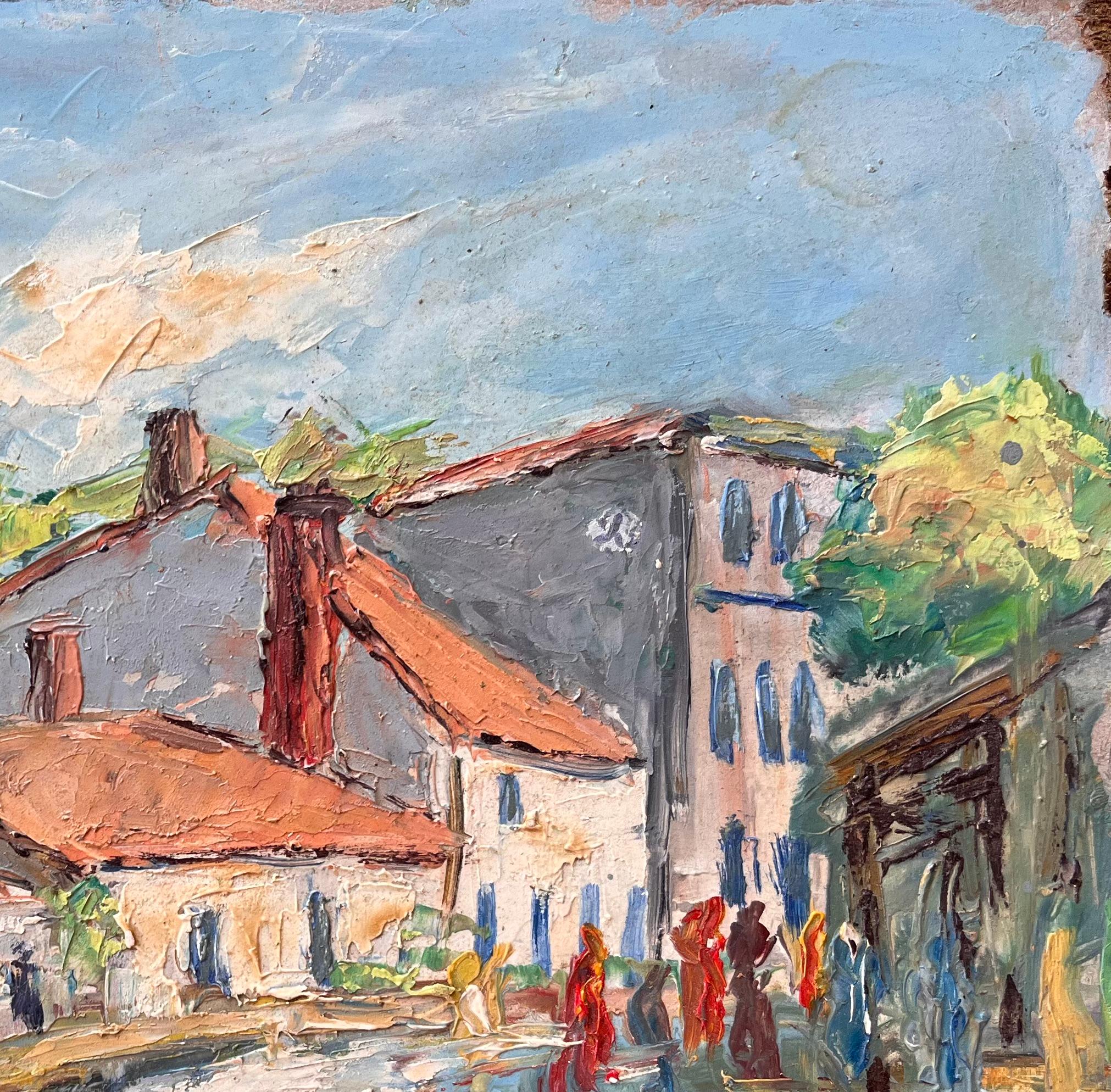 Impressionist French Village Market Scene with Red Roofs and Figures For Sale 1
