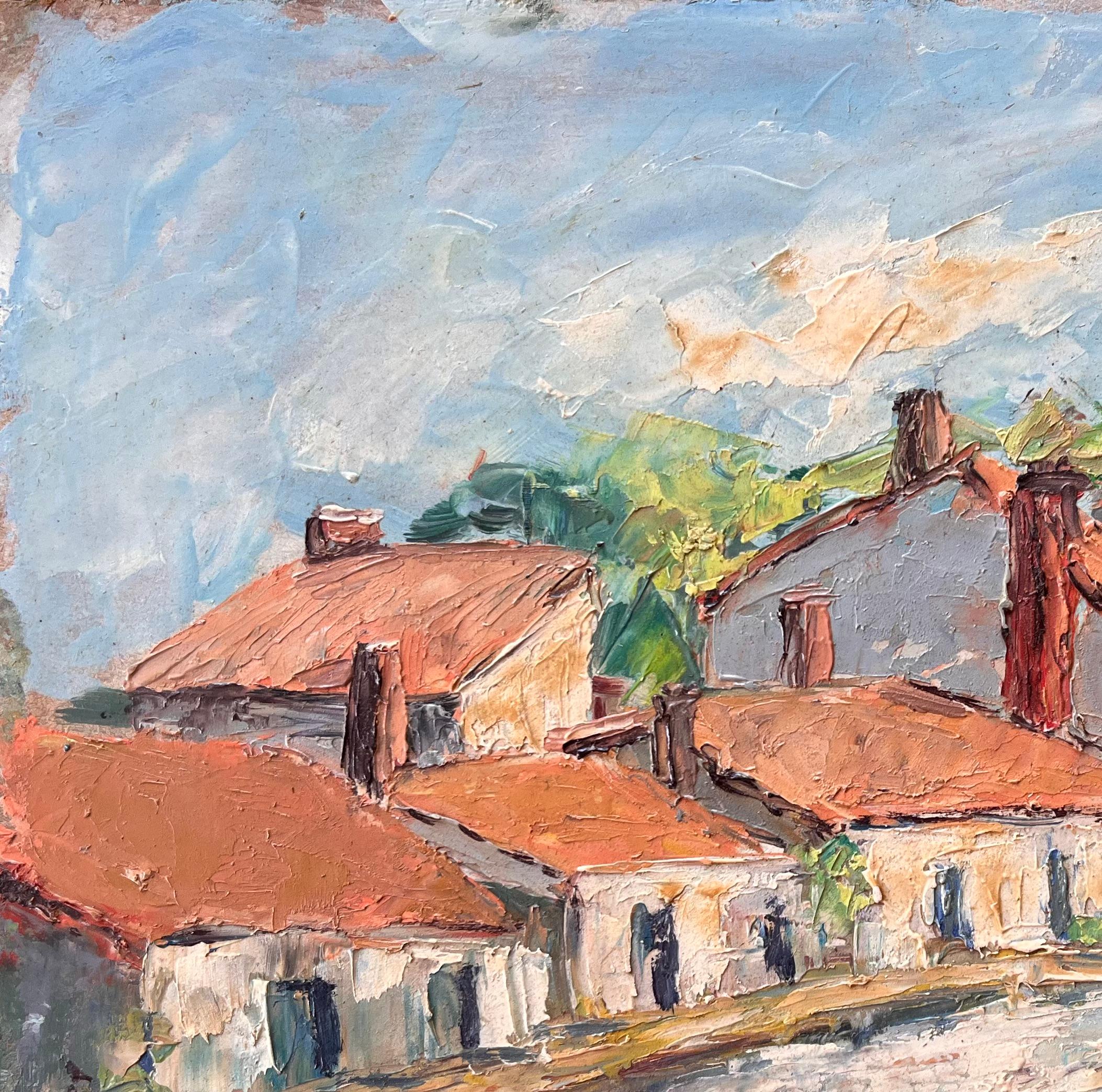 Impressionist French Village Market Scene with Red Roofs and Figures For Sale 2