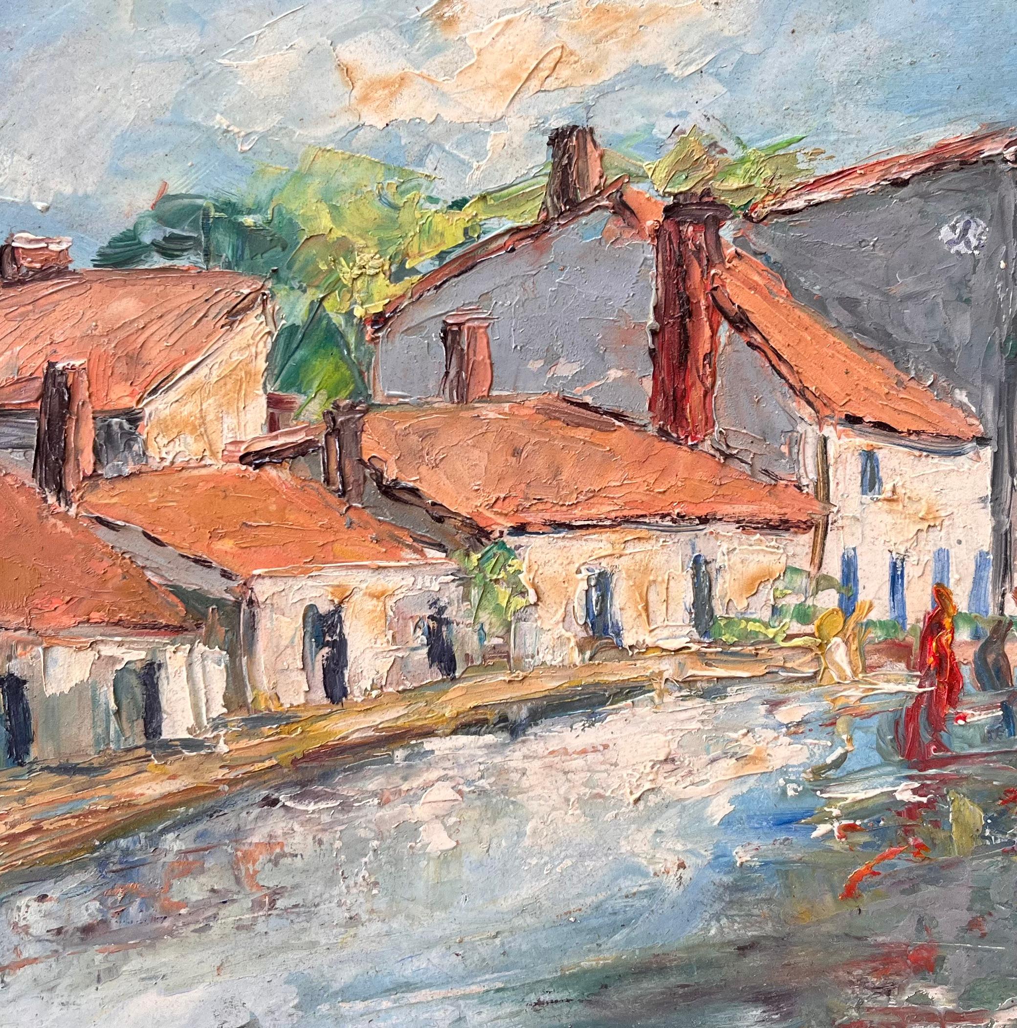 Impressionist French Village Market Scene with Red Roofs and Figures For Sale 3