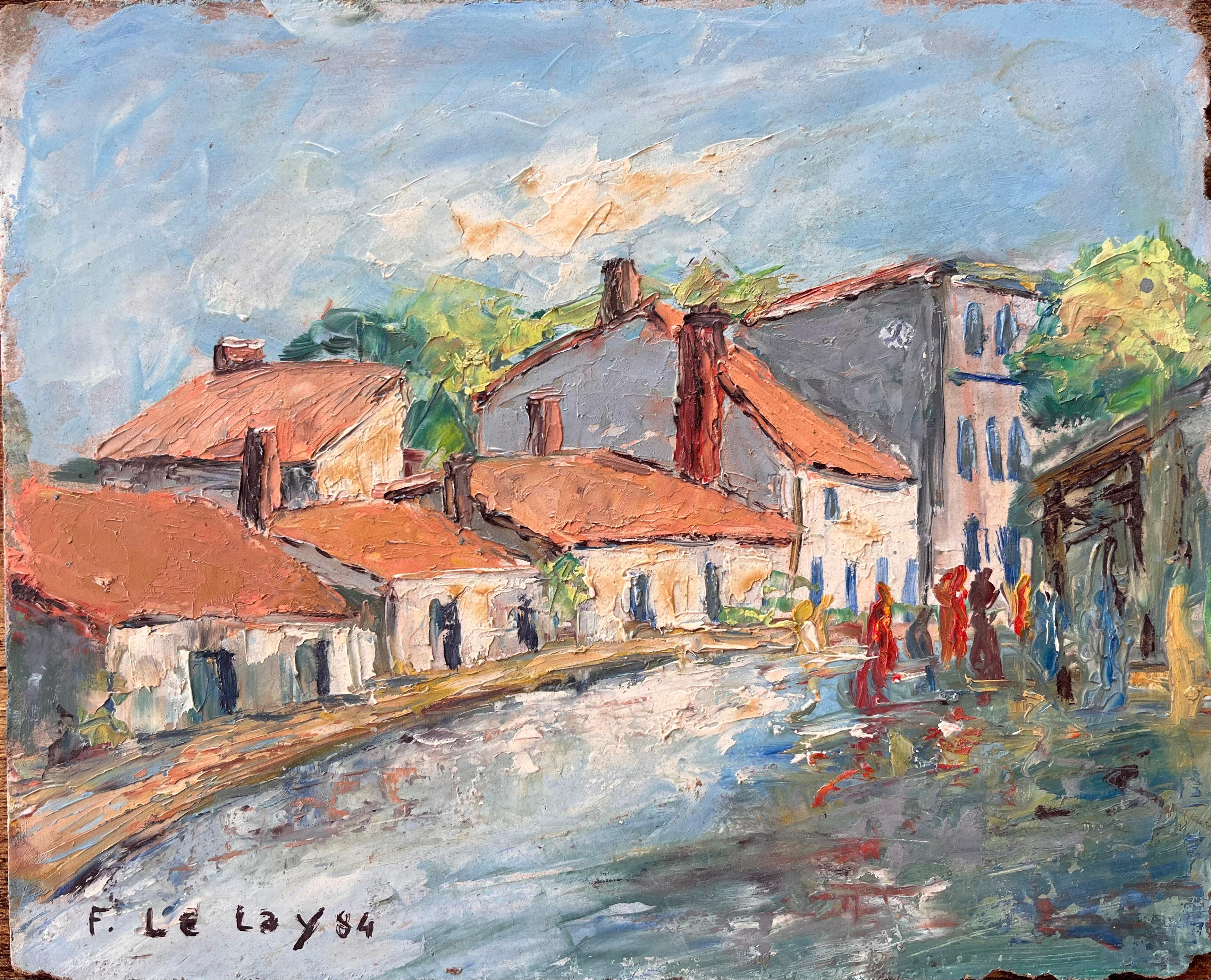 F. Le Lay Landscape Painting - Impressionist French Village Market Scene with Red Roofs and Figures