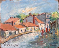 Impressionist French Village Market Scene with Red Roofs and Figures