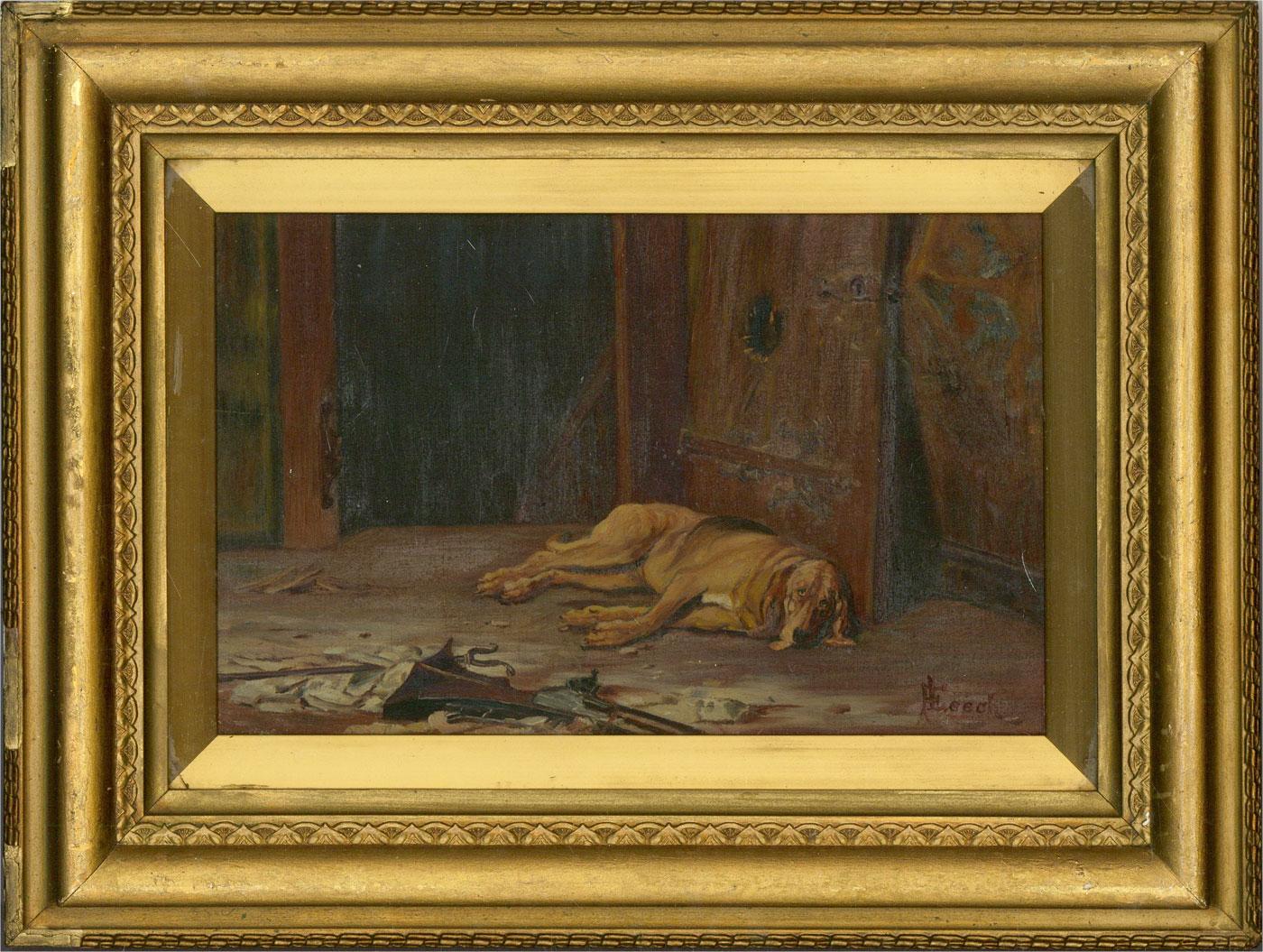 A poignant early 20th Century oil interior, showing a tired old bloodhound resting on the floor by a door that is loose on its hinges with a gunshot hole in the wood. Debris covers the floor and a shotgun can be seen in the foreground. It appears as