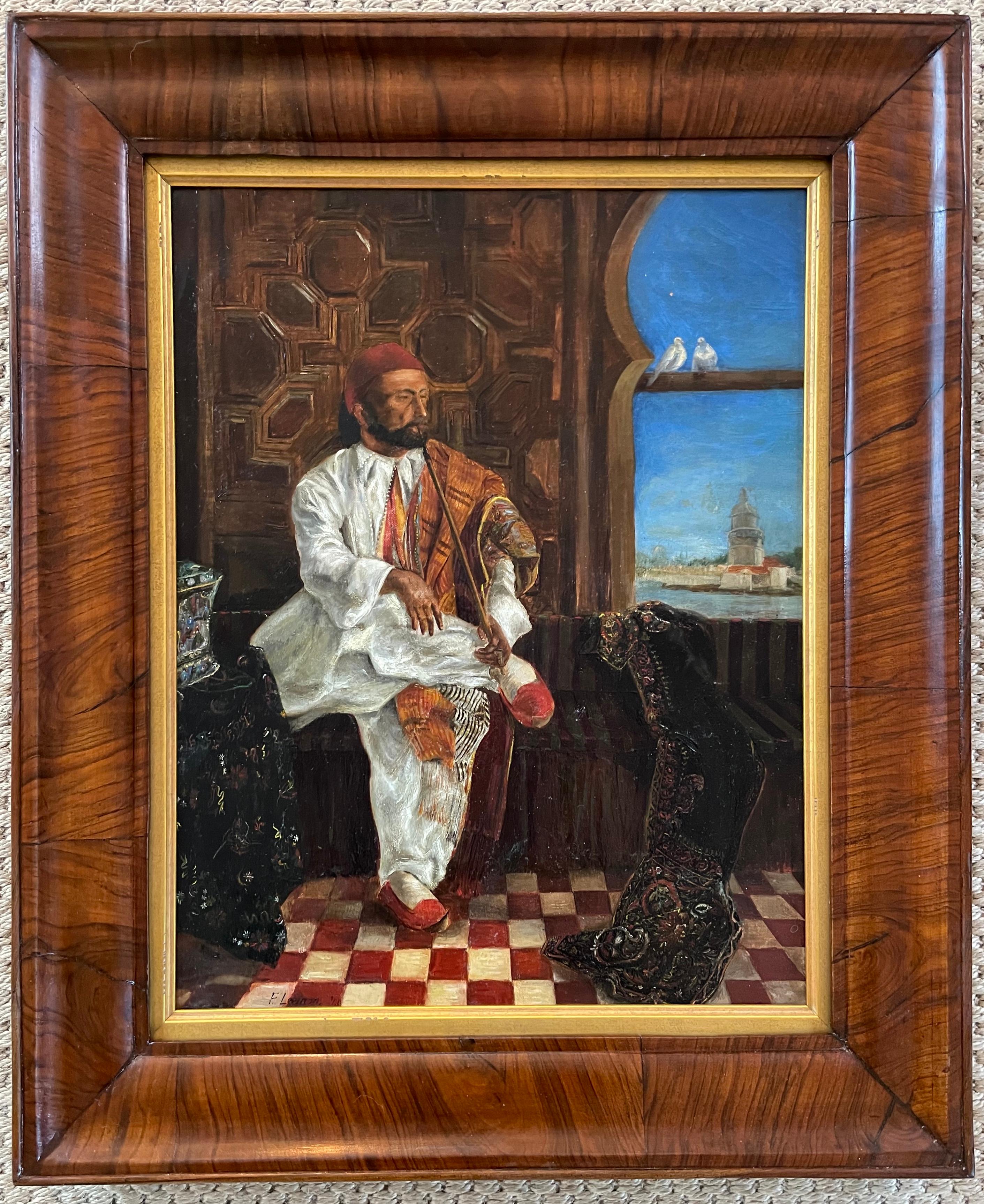 Opium Smoker, F. Leeman, 1860.
Vivid English Orientalist oil of a well attired Turk in richly decorated opulent setting with red and white checkered marble tile floor, and wood paneled walls, seated with hookah before arabesque window with 2 doves