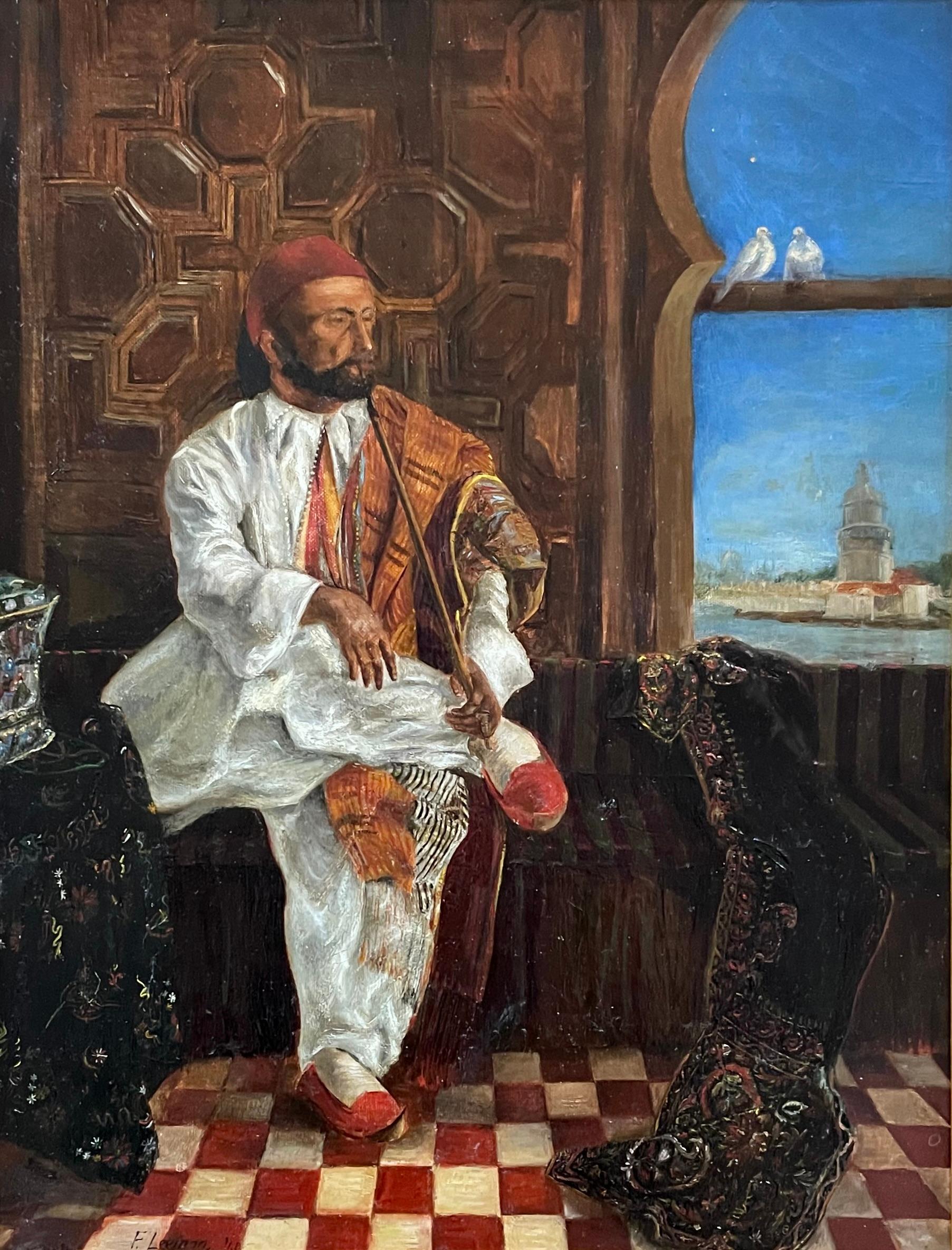 F. Leeman, Opium Smoker, 1860. Vivid English Orientalist oil of a well attired Turk in richly decorated opulent setting with red and white checkered marble tile floor, and wood paneled walls, seated with hookah before arabesque window with 2 doves