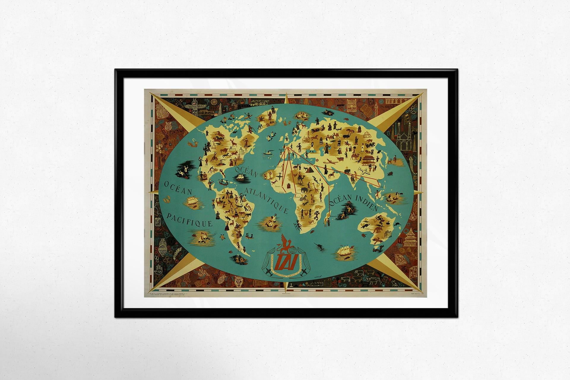 This stunning original travel poster, created around 1950 by French illustrator F. Lesourt, was commissioned by the Compagnie de Transports Aériens Intercontinentaux (TAI), a prestigious French airline that played a key role in post-war