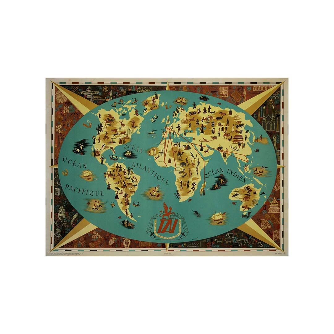Circa 1950 Original travel poster - T.A.I. - French airline For Sale 2