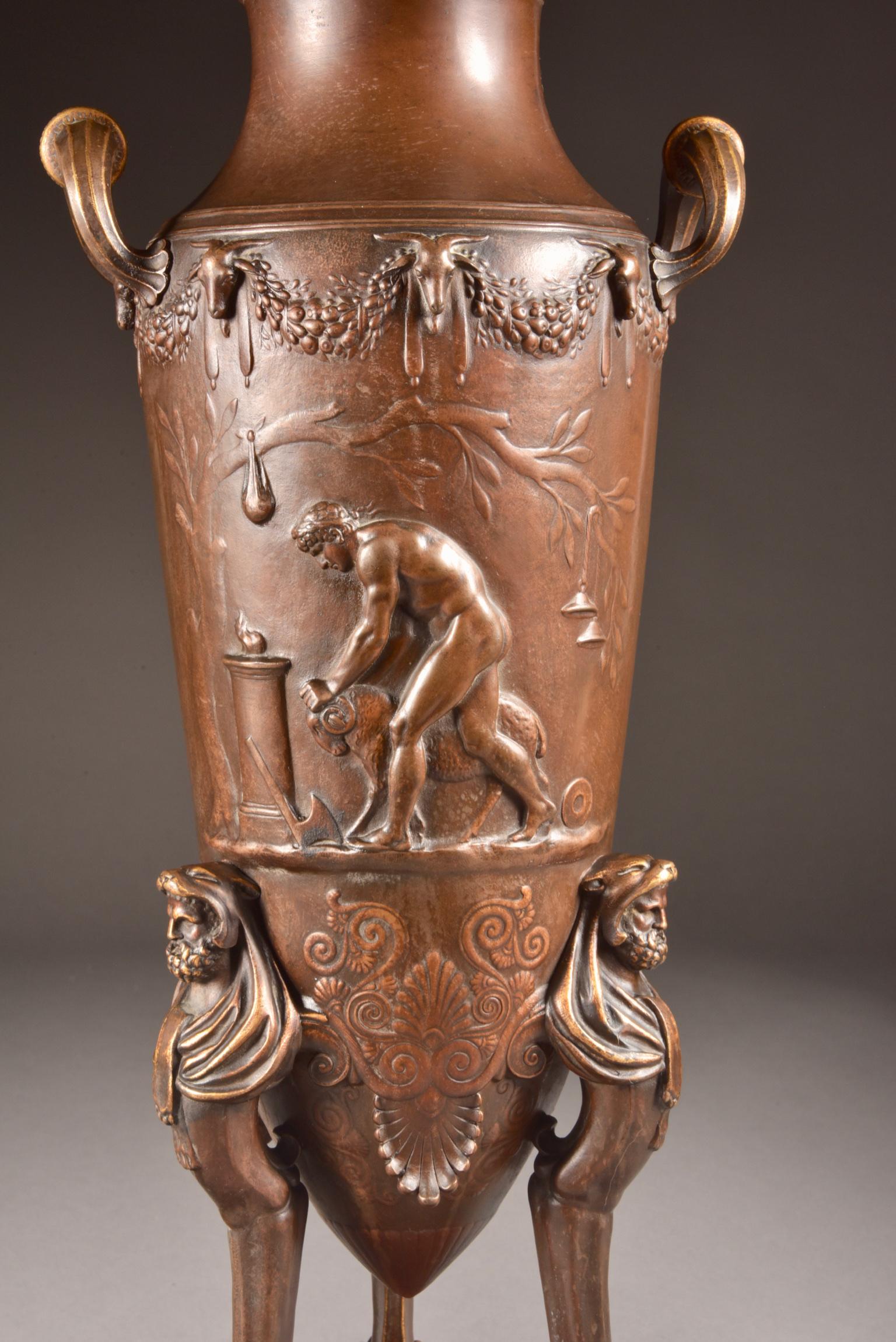 Pair of large, famous world of Greek style amphora or Kantharos - representation of Dionysus or Bacchus worship by F. Levillain and foundry F. Barbedienne in 1871.

F. Levillain (1837-1905) received a gold medal in 1878 for his Neo-Greek