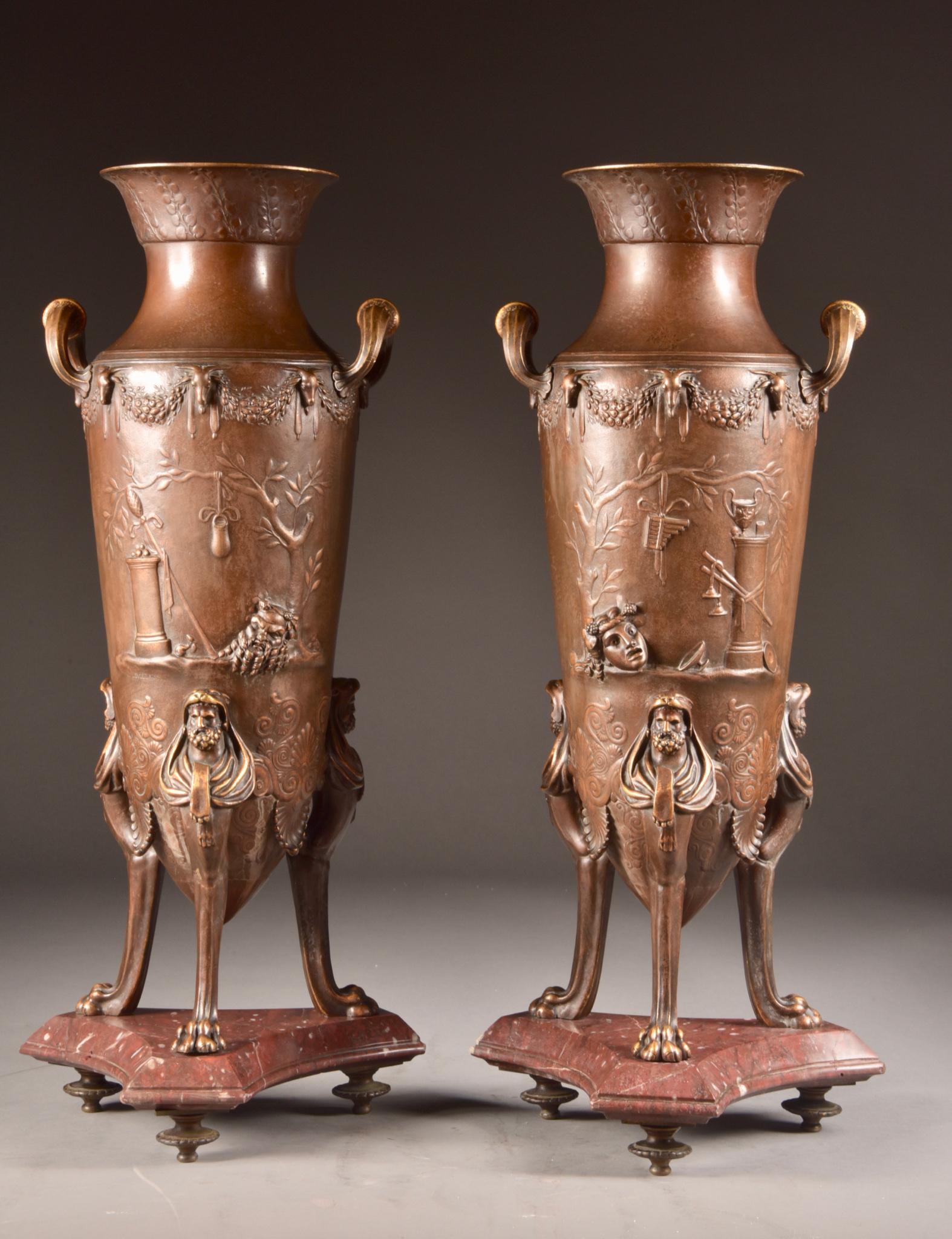 Hand-Carved F. Levillain (1837-1905), F. Barbedienne, Foundry, pair Large Neo-Greek Amphora For Sale