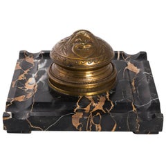 F. Levillian Signed French Bronze and Marble Inkwell Antique F. Levillian Signed French Bronze and Marble Inkwell