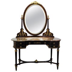Antique Francois Linke Style Ladies Vanity With Breche Marble Top and Matching Mirror