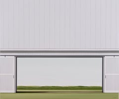 Outlook - minimalist, serene white, green, realist barn scene, acrylic on canvas