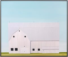 Sheltered - minimalist, serene, white, green, realist barn scene, acrylic canvas