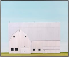 Sheltered - minimalist, serene, white, green, realist barn scene, acrylic canvas
