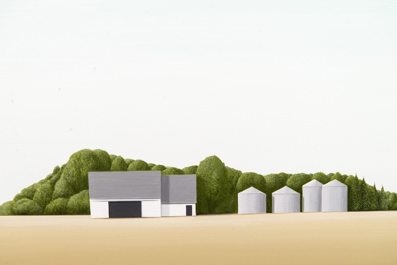 Shielded - minimalist, golden field, green, barn, iconic - Painting by F. Lipari