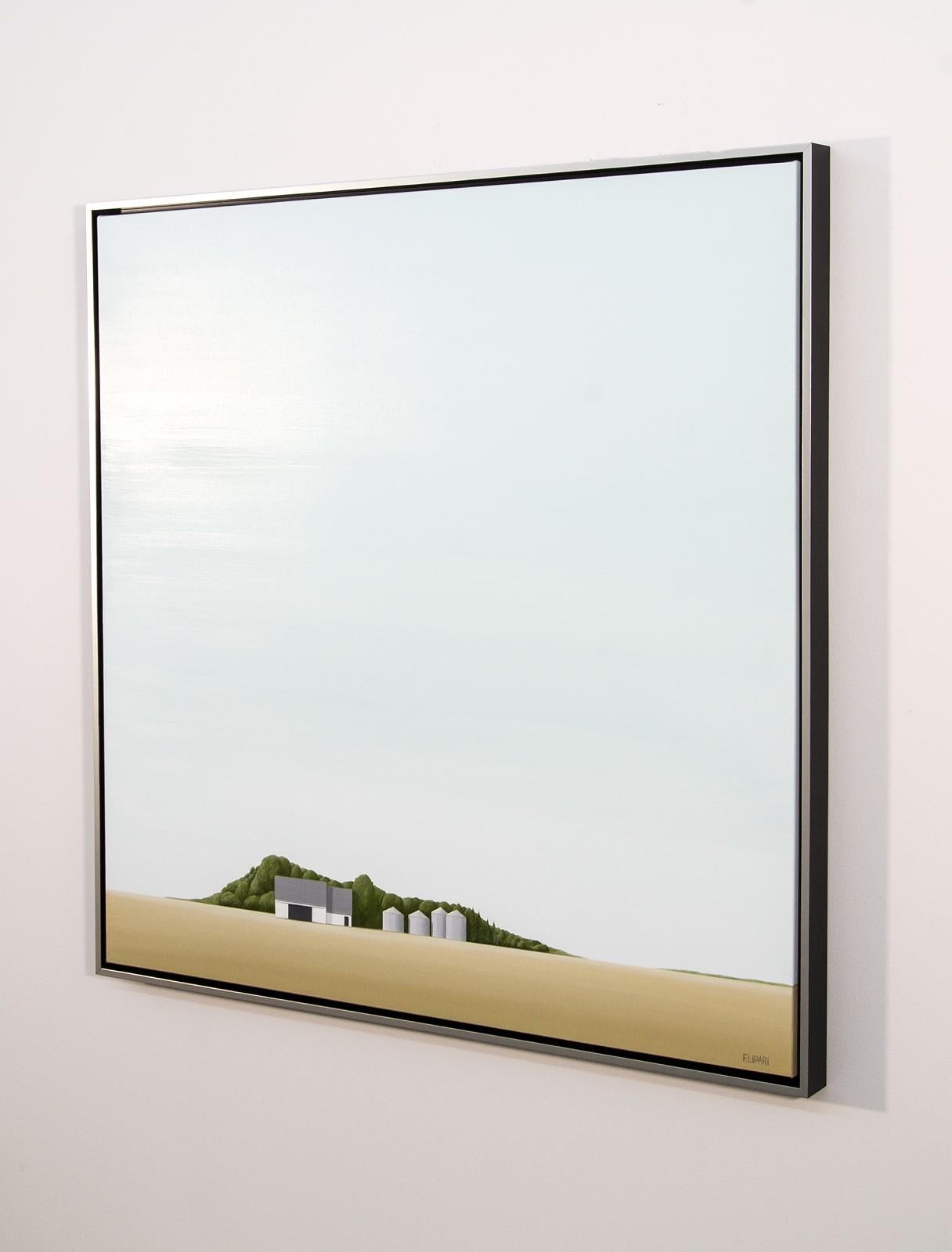 Shielded - minimalist, golden field, green, barn, iconic - Contemporary Painting by F. Lipari