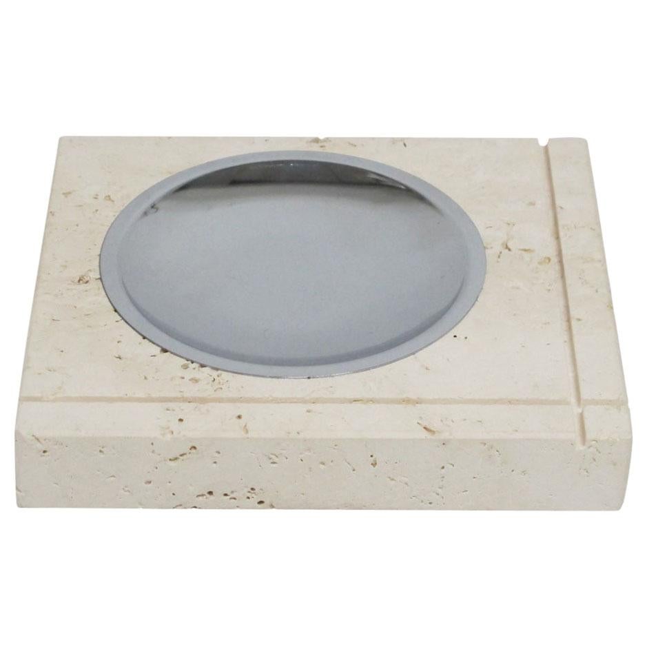 F. lli Mannelli ashtray, travertine and stainless steel. signed. Small scale chunky travertine ashtray with incised decoration and shallow stainless steel tray. Signed on verso: Vero Travertino Di Rapolano (True Travertine from Rapolano) and