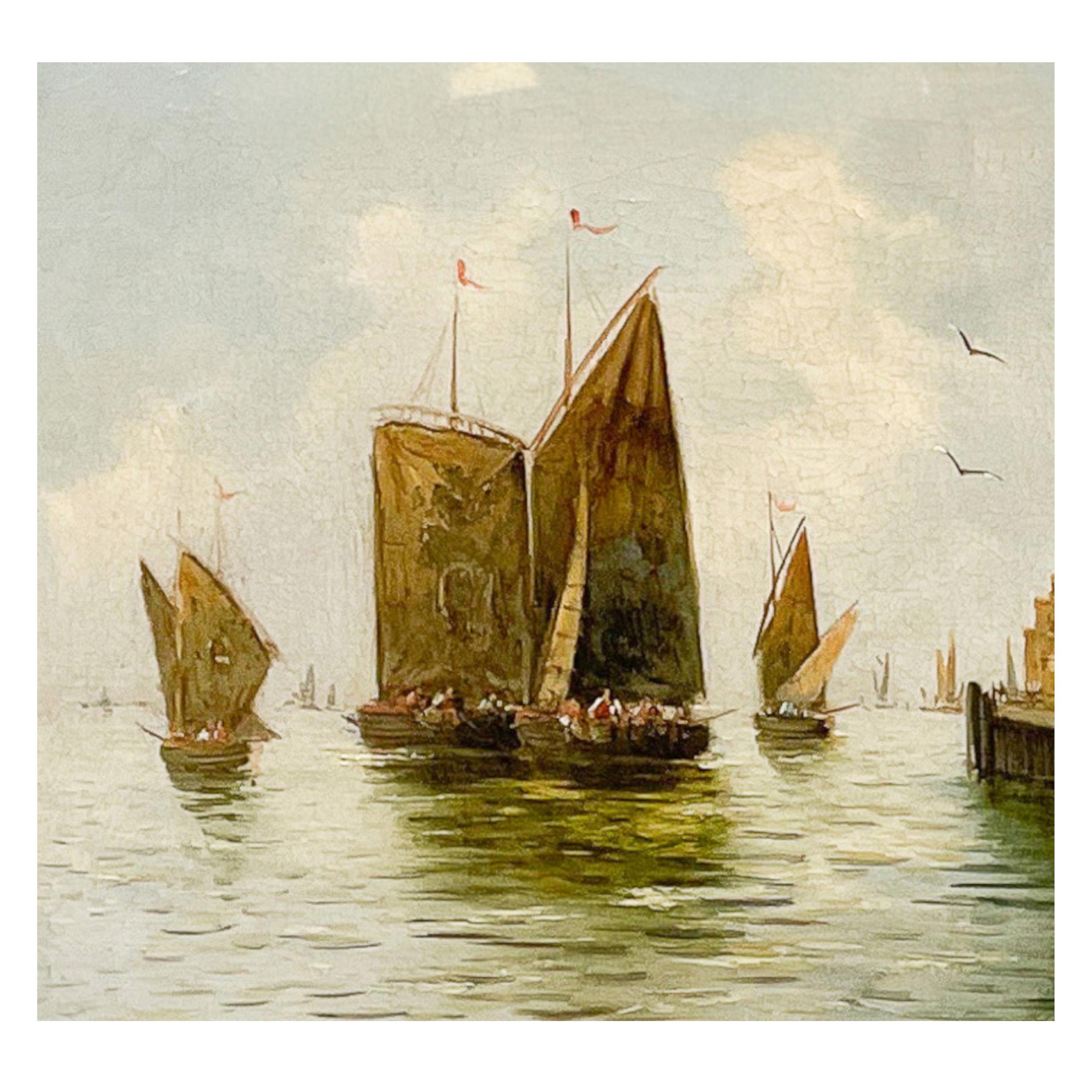 Pair Antique 19th Century Oil Canvas Paintings Marine Nautical Ships Seascapes 8