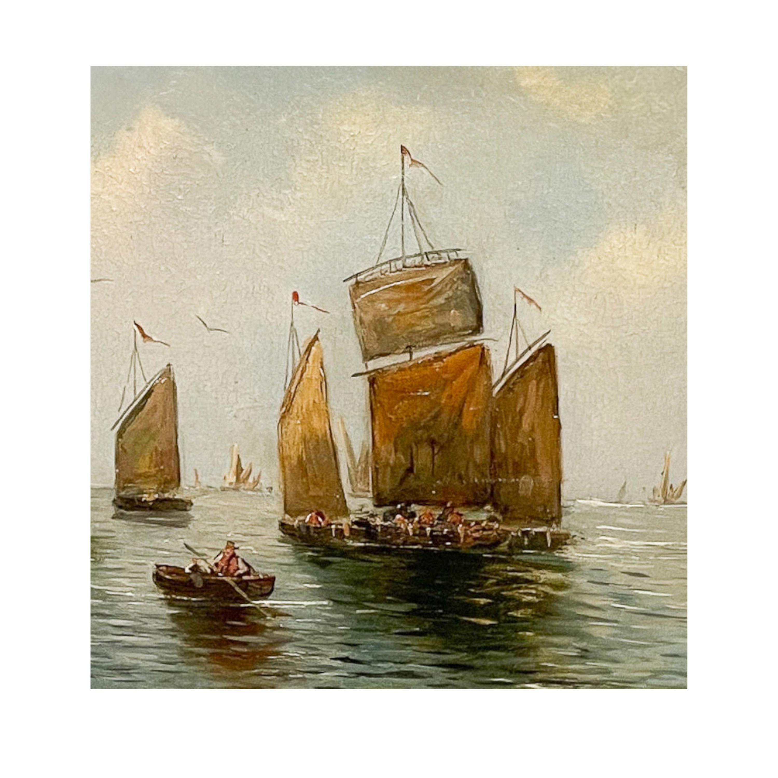 Pair Antique 19th Century Oil Canvas Paintings Marine Nautical Ships Seascapes 9