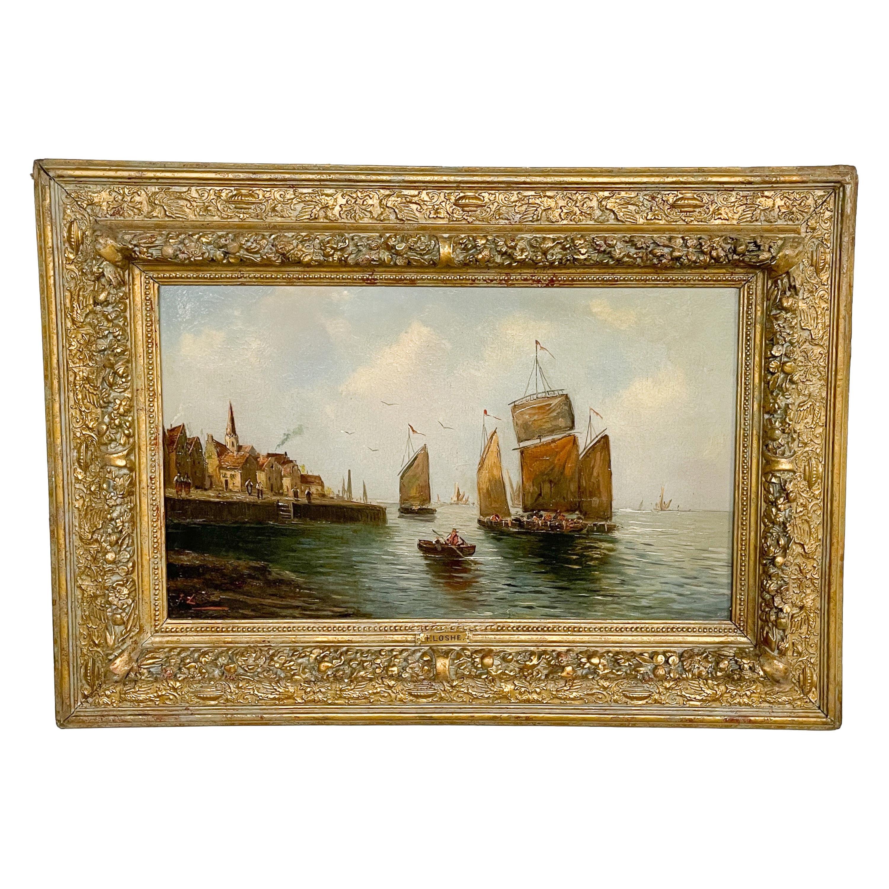 Pair Antique 19th Century Oil Canvas Paintings Marine Nautical Ships Seascapes - Brown Landscape Painting by F. Lohse