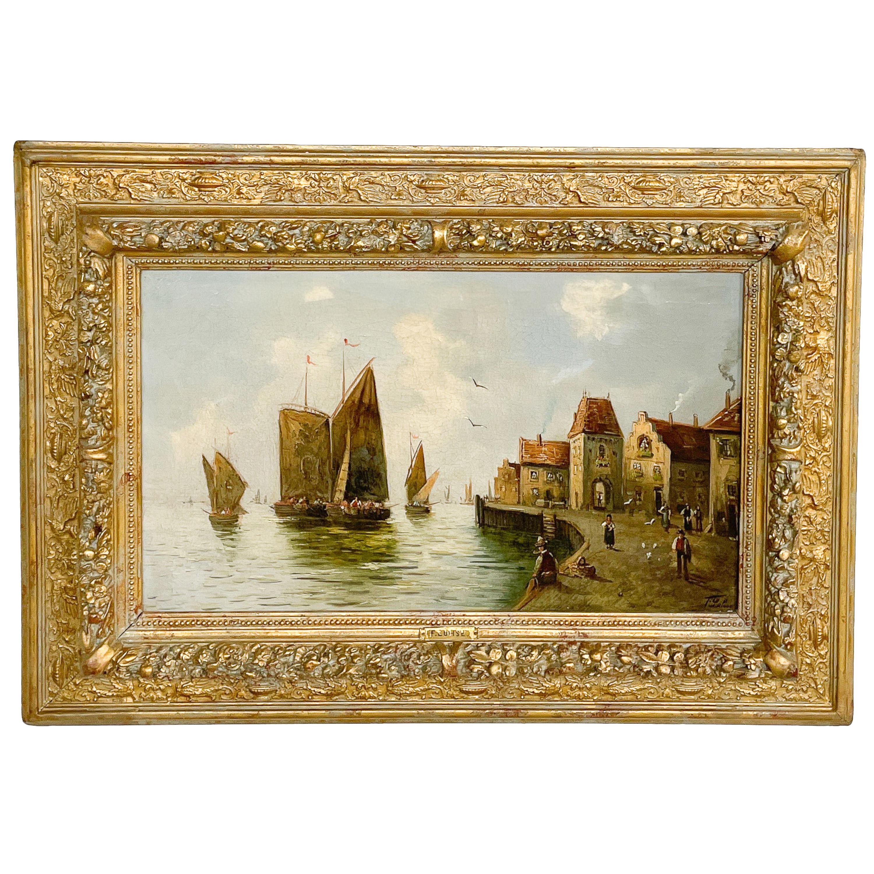 A good pair of antique Nautical marine paintings, Dutch scenes, by F. Lohse, circa 1870.
This very attractive pair of antique nautical paintings depict sailing ships in a Dutch harbor, each painting has a variety of vessels; tall ships, fishing
