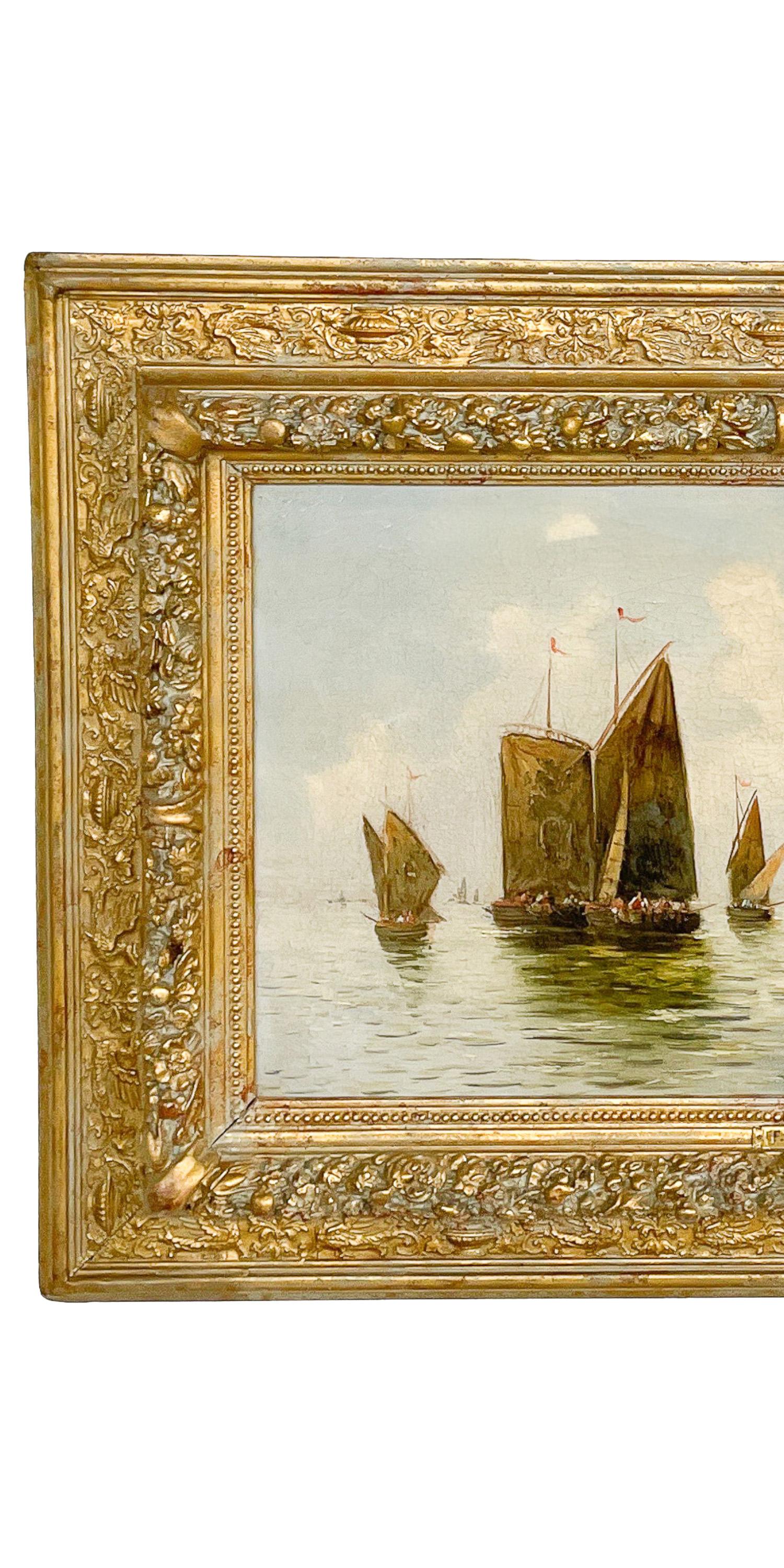 Pair Antique 19th Century Oil Canvas Paintings Marine Nautical Ships Seascapes 4