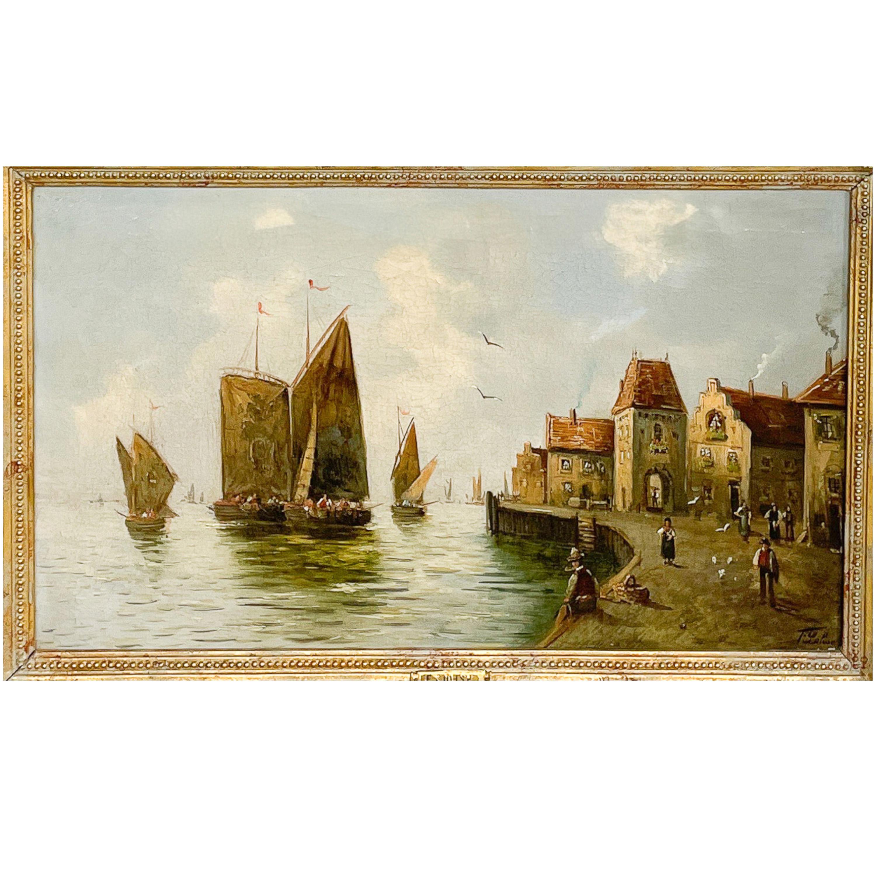 Pair Antique 19th Century Oil Canvas Paintings Marine Nautical Ships Seascapes 6