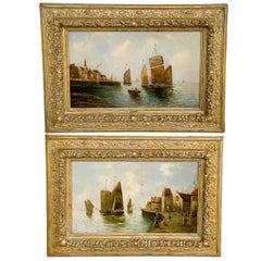 Pair Antique 19th Century Oil Canvas Paintings Marine Nautical Ships Seascapes