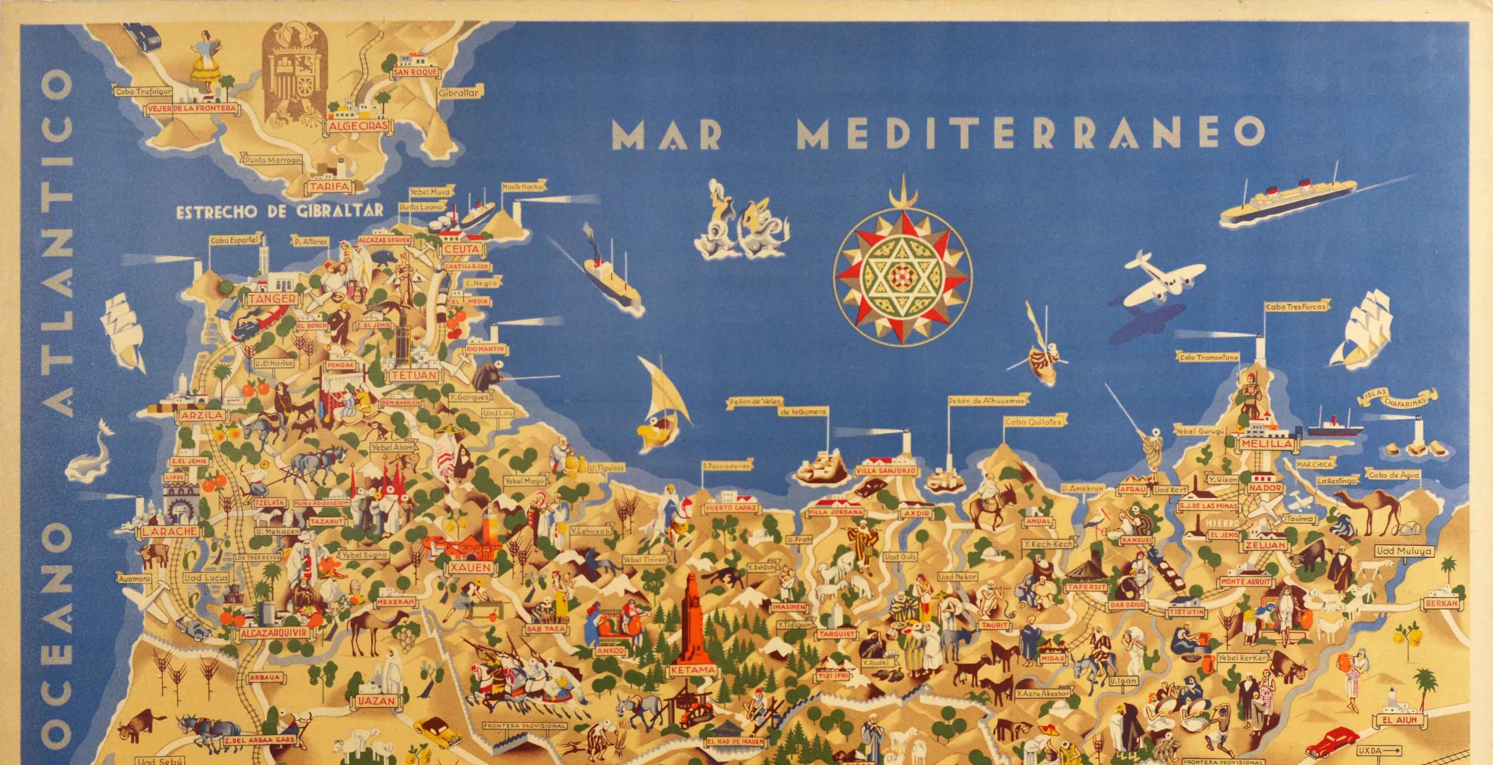 Poster mappa originale d'epoca Marruecos Espanol Spagnolo Marocco Illustrato Design - Print di F Lopez Rubio