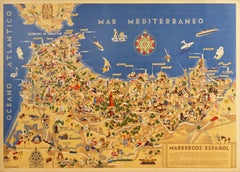Poster mappa originale d'epoca Marruecos Espanol Spagnolo Marocco Illustrato Design