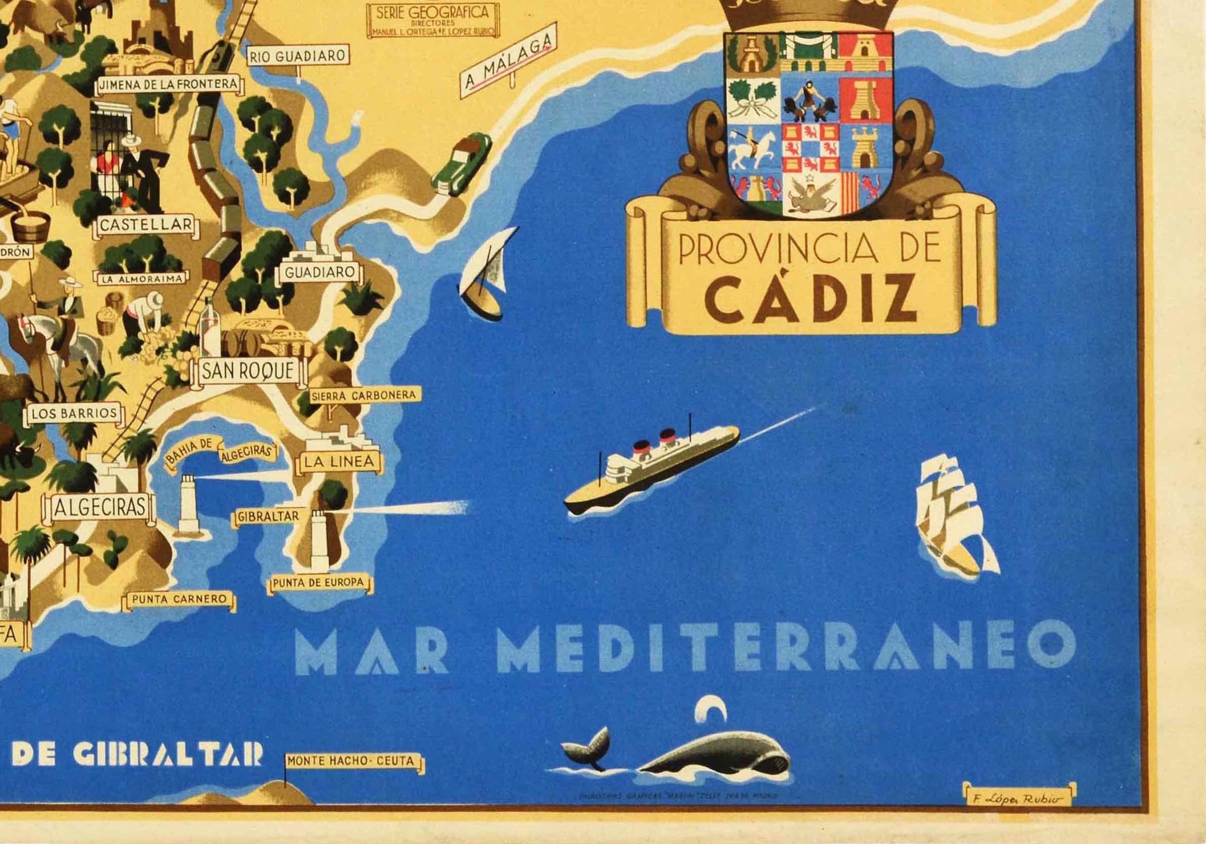 Poster di viaggio originale d'epoca per la Provincia di Cadice con una mappa illustrata che indica le città e altre località con un elenco di personaggi illustri e le principali industrie e prodotti elencati a lato - Gaditanos Ilustres / Principal