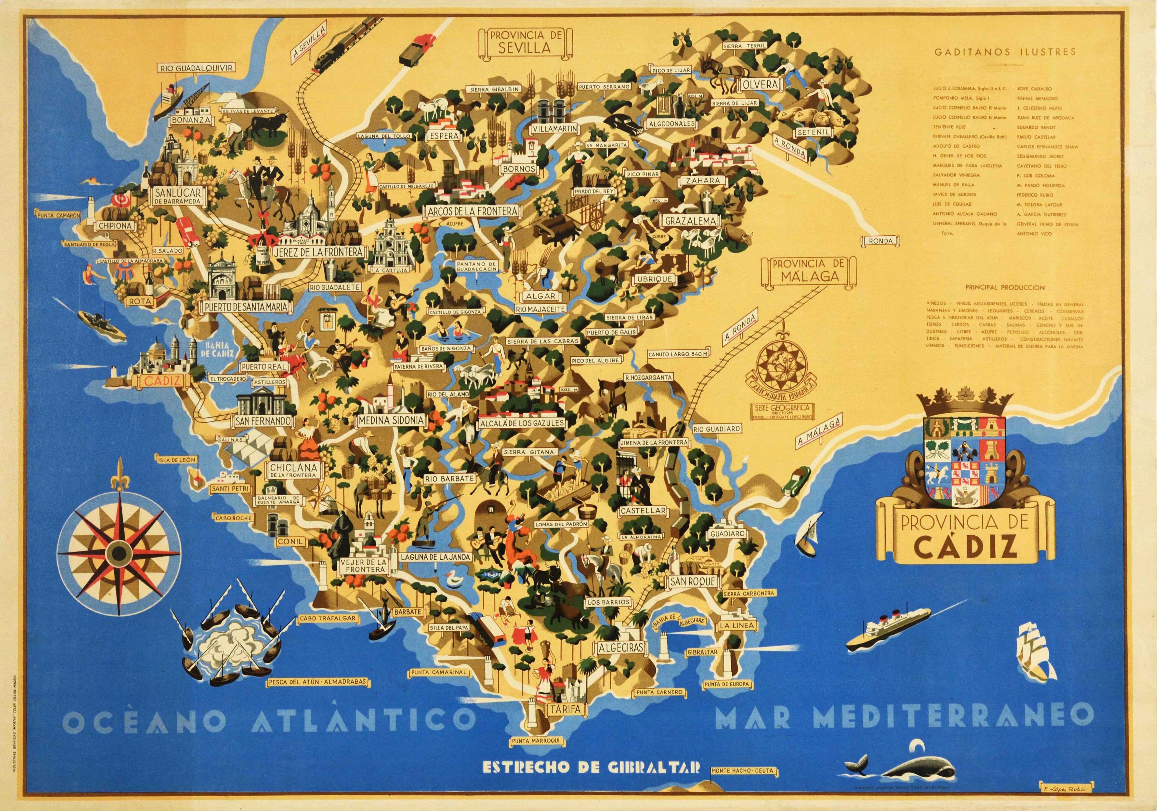 F Lopez Rubio Print - Original Vintage Travel Poster Cadiz Province Illustrated Map Art Deco Spain